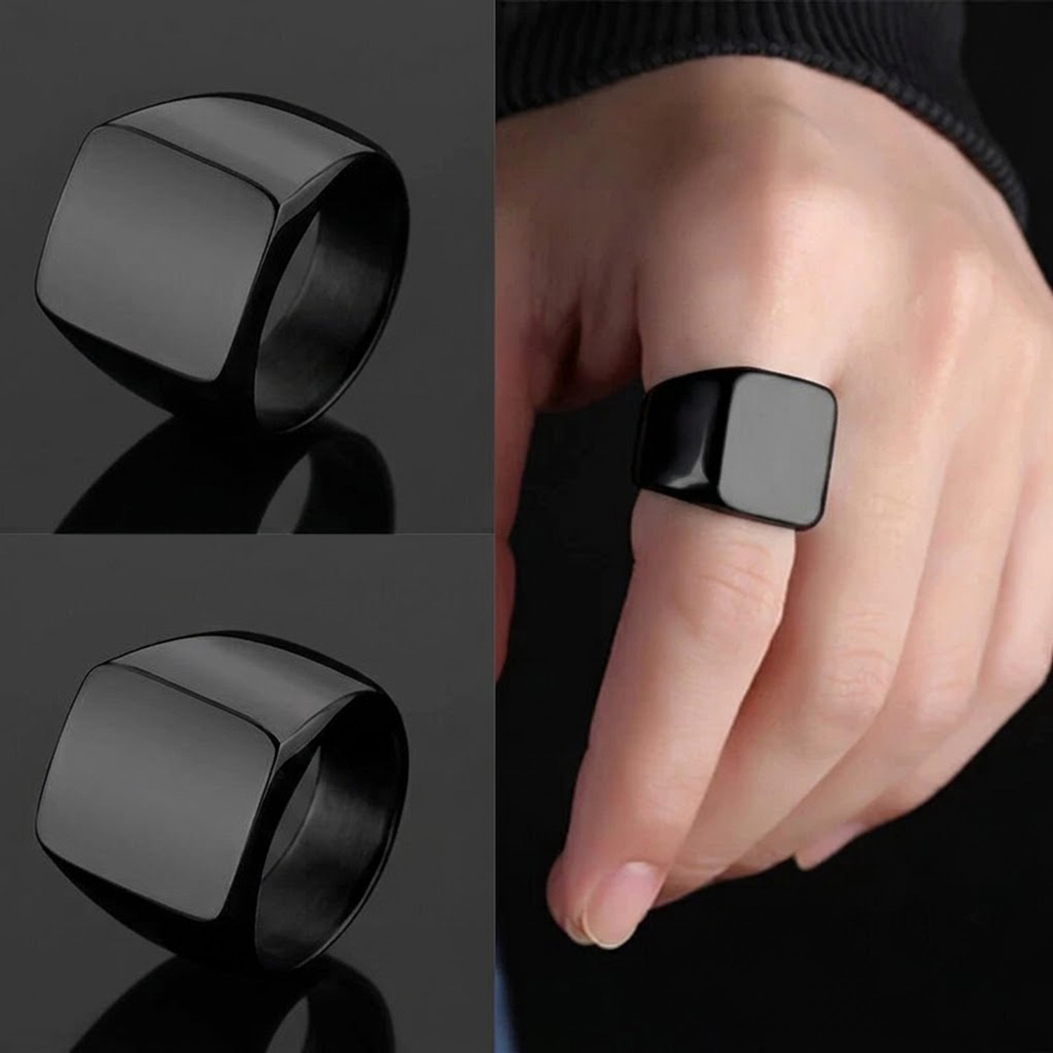 Image of Gift Nest Black And Silver Square Width Vintage pack of 2 Ring combo set for men and boys Stainless Steel Black Silver Plated Ring Set