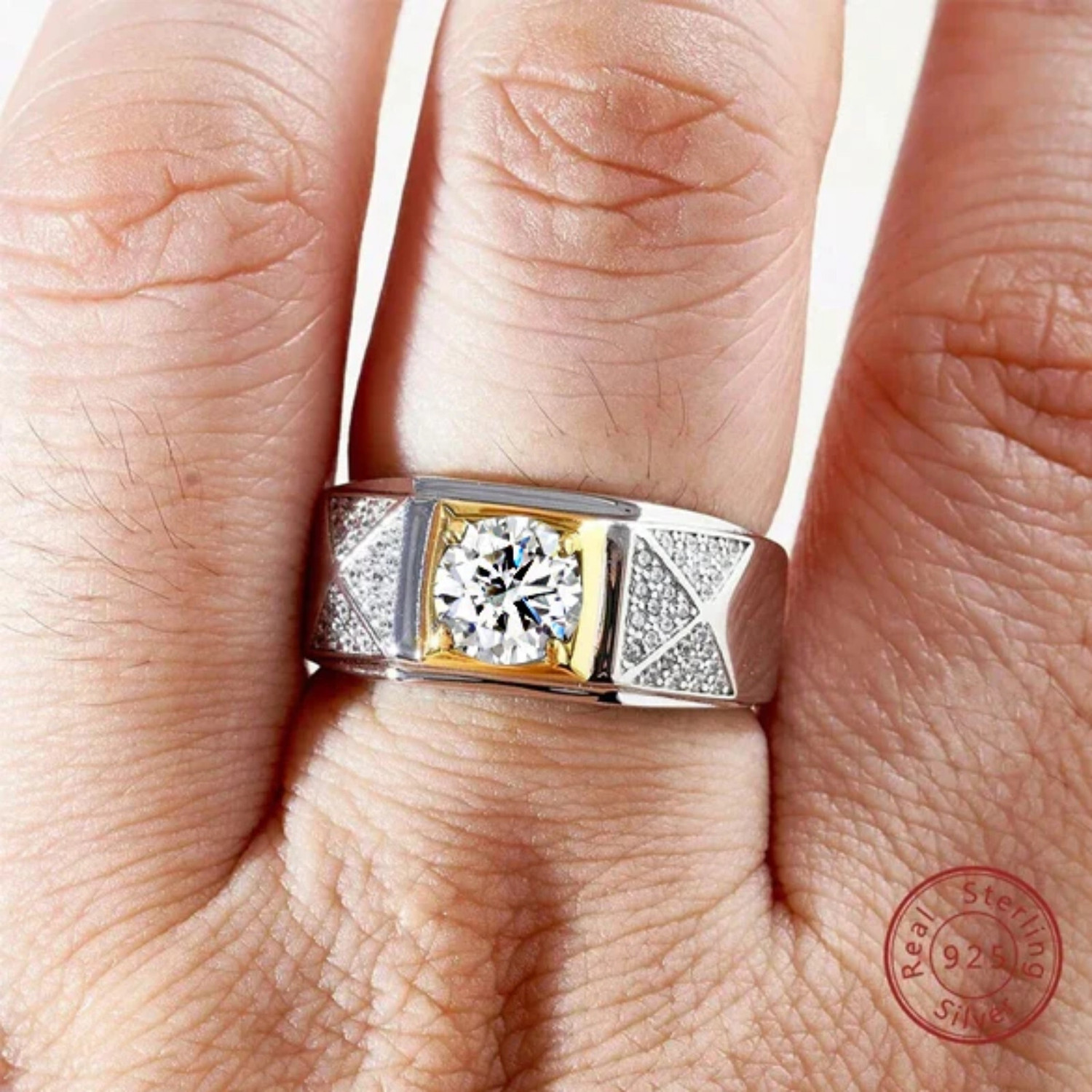 Image of Zarkan Hallmarked Two Tone Silver Ring With American Diamond For Men's & Boy's Silver Zircon Rhodium Plated Ring