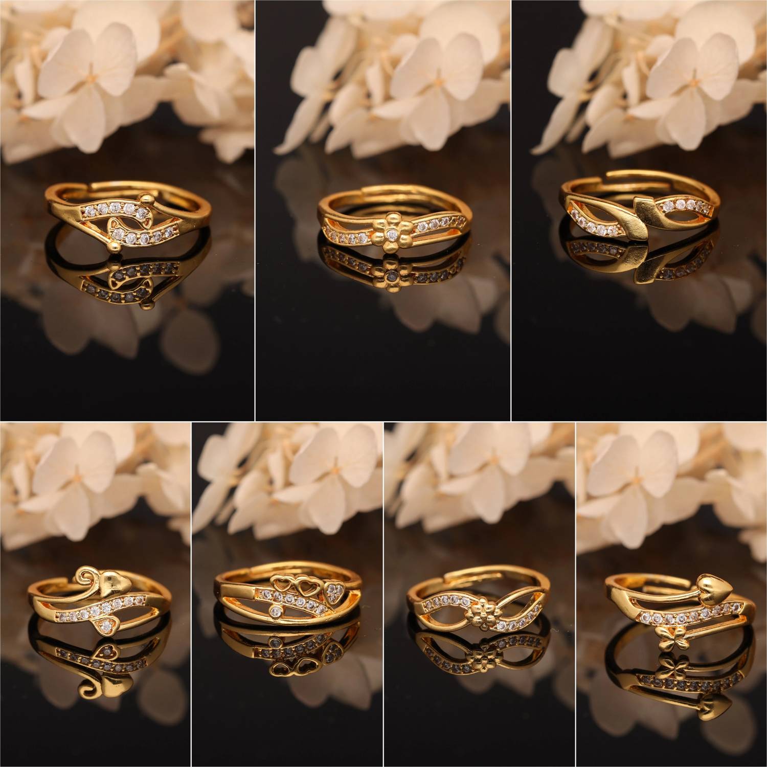 ANOUK Gold-Plated Combo Set of Stylish Adjustable Rings Brass Diamond Gold Plated Ring Set
