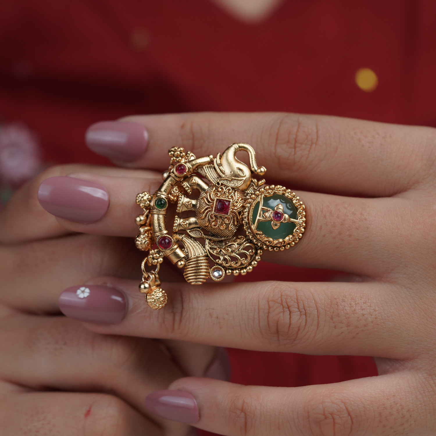 Image of JUERI Elephant Design Gold Plated Heritage Ring For Women| Traditional Finger Ring For Brass Gold Plated Ring