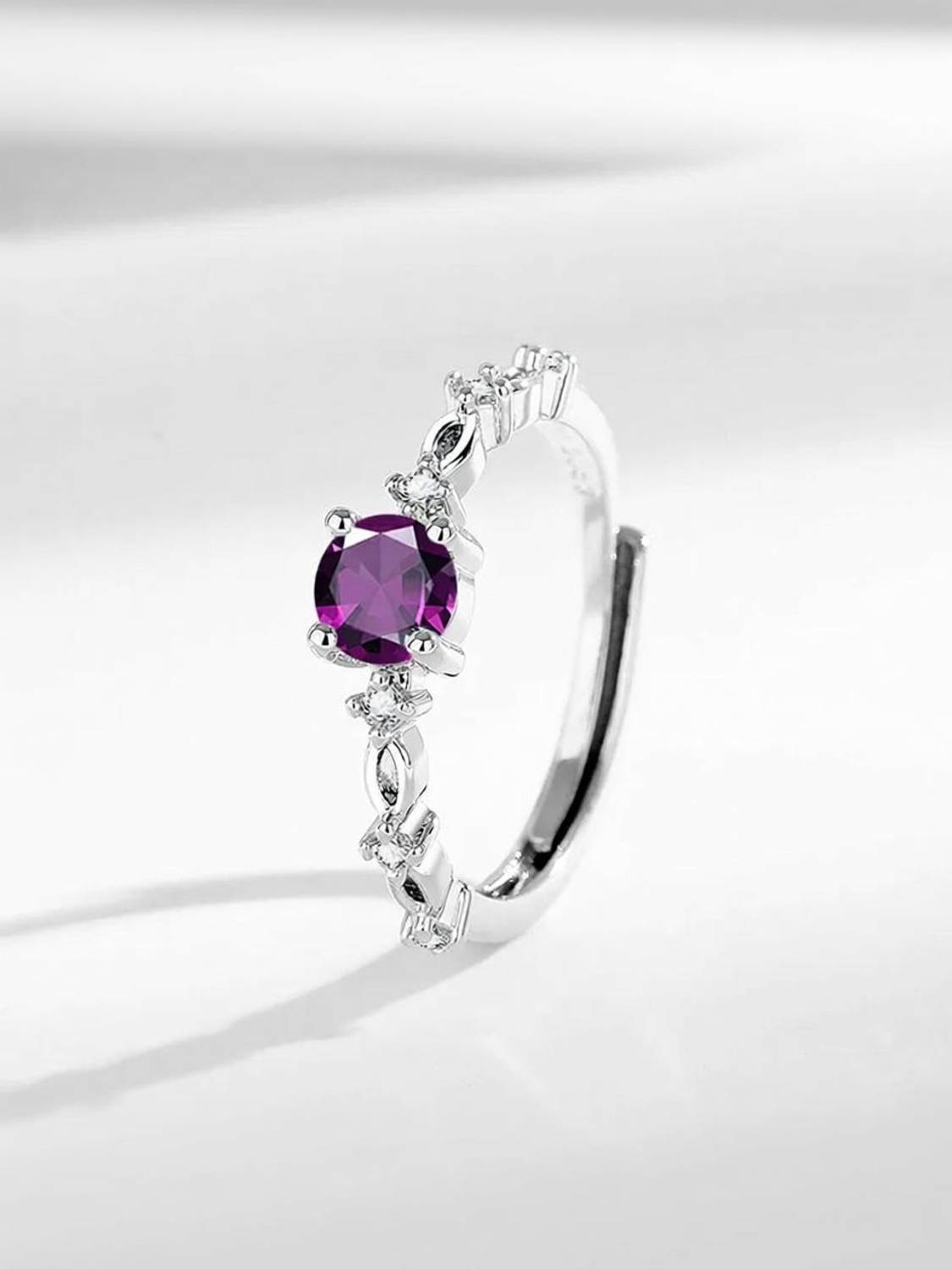 BRIXTAA Silver Finish Round Cut Colorful Zirconia Adjustable Purple Ring Stainless Steel Zircon Silver Plated Ring