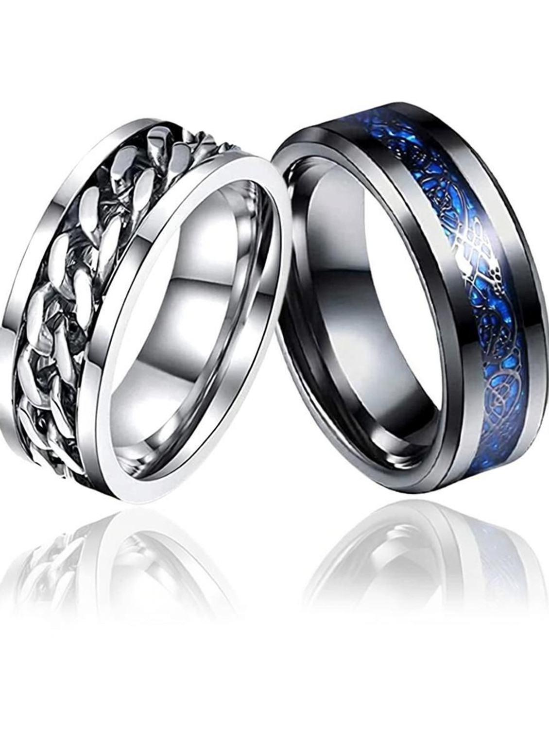 Image of ROOTWAVE Stainess Steel Combo Pack of Silver Spinner with Blue Dragon Ring Tungsten Platinum, Silver, Sterling Silver, Titanium Plated Ring