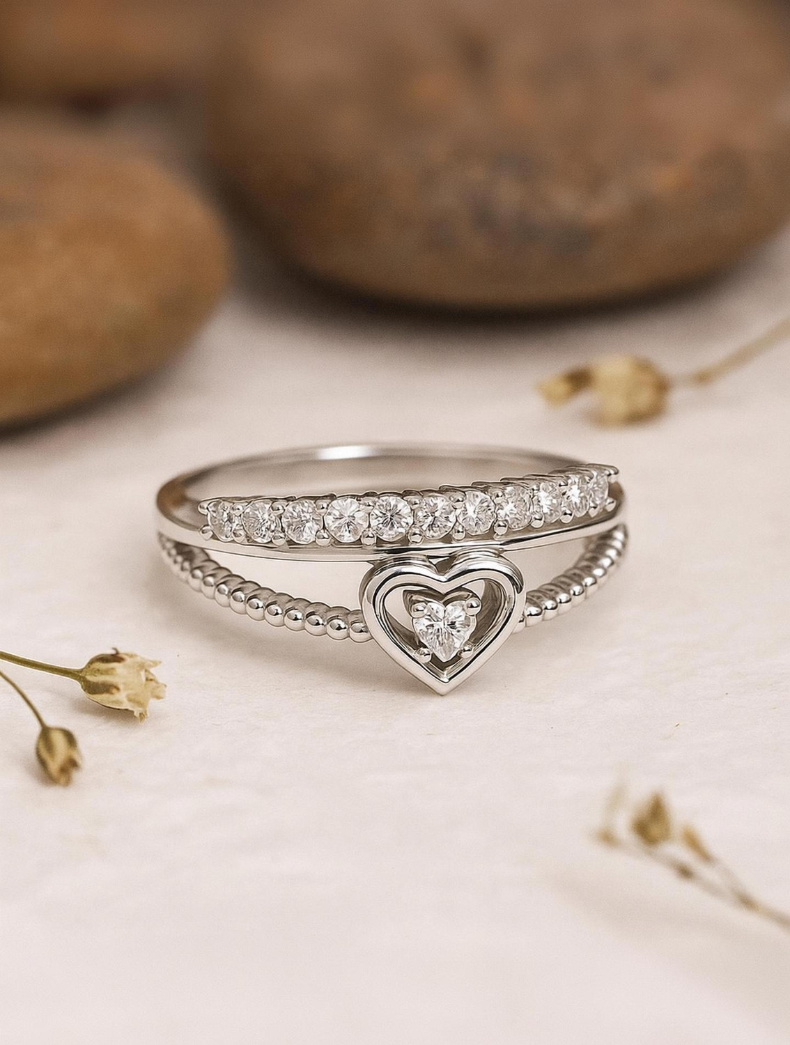 Image of Zarkan Zarkan 925 Hallmark Crown Heart American Diamond 925 Sterling Silver Ring Sterling Silver Cubic Zirconia Rhodium Plated Ring