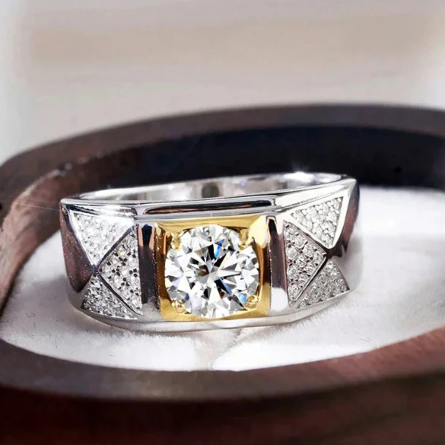 Image of Zarkan Hallmarked Two Tone Silver Ring With American Diamond For Men's & Boy's Silver Zircon Rhodium Plated Ring