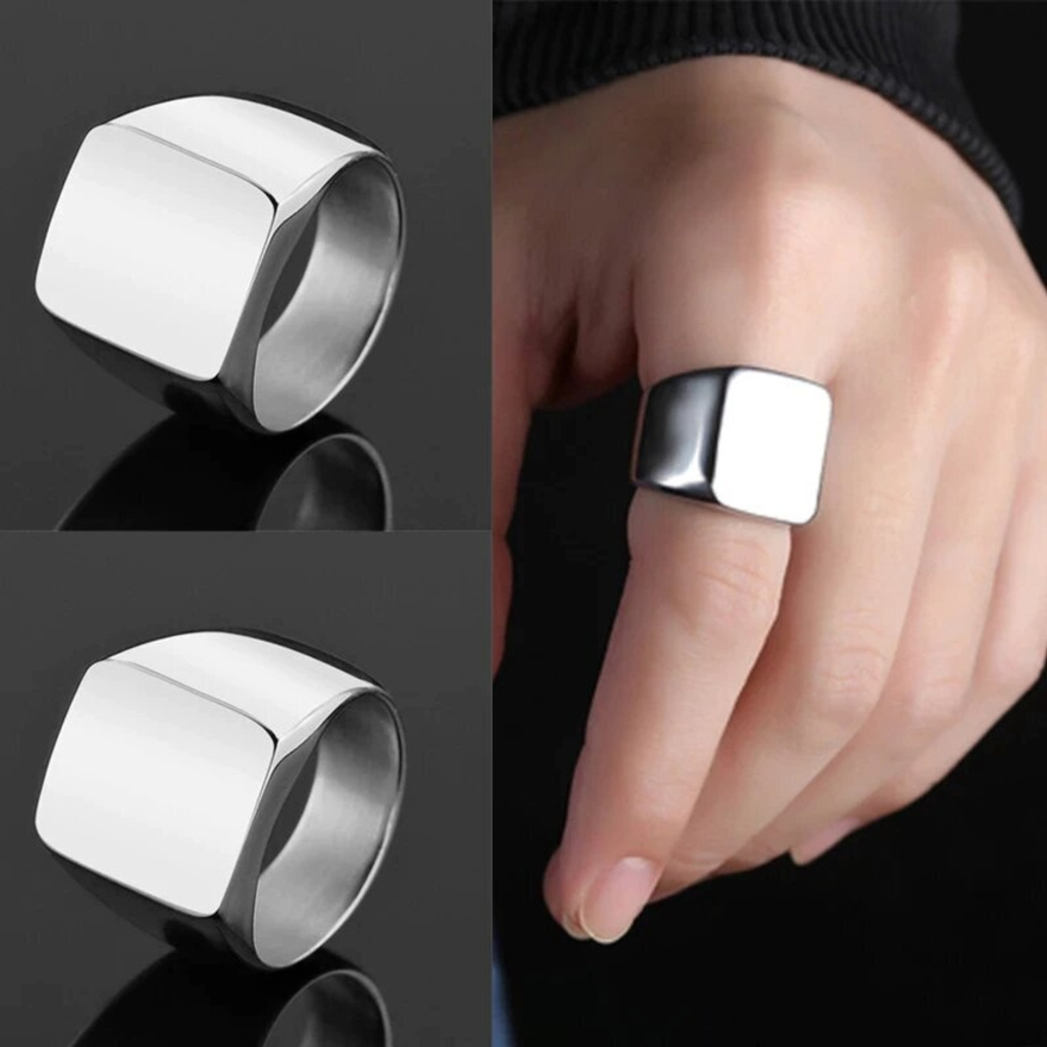 Image of Gift Nest Black And Silver Square Width Vintage pack of 2 Ring combo set for men and boys Stainless Steel Black Silver Plated Ring Set