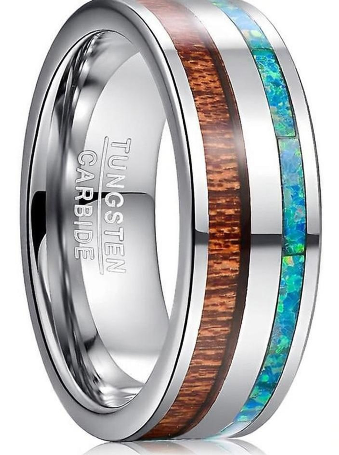 Image of KRYSTALZ Mens Tungsten Carbide Silver Opal Wood Inlay Band Ring Tungsten Sterling Silver Plated Ring