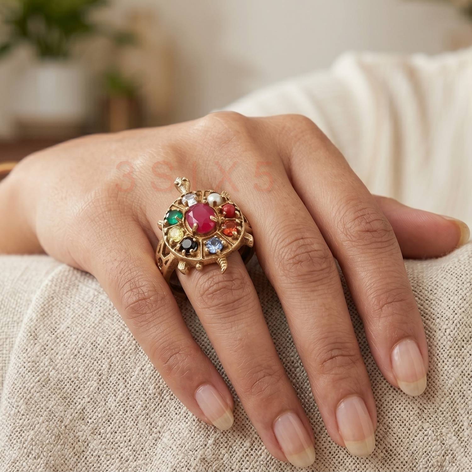 3SIX5 Navratan Kachua Tortoise Meru Ring | Gold Plated Navgreh
