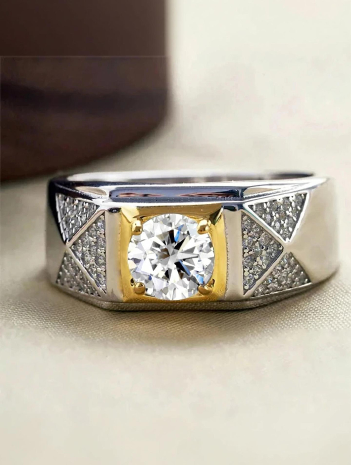 Image of Zarkan Hallmarked Two Tone Silver Ring With American Diamond For Men's & Boy's Silver Zircon Rhodium Plated Ring
