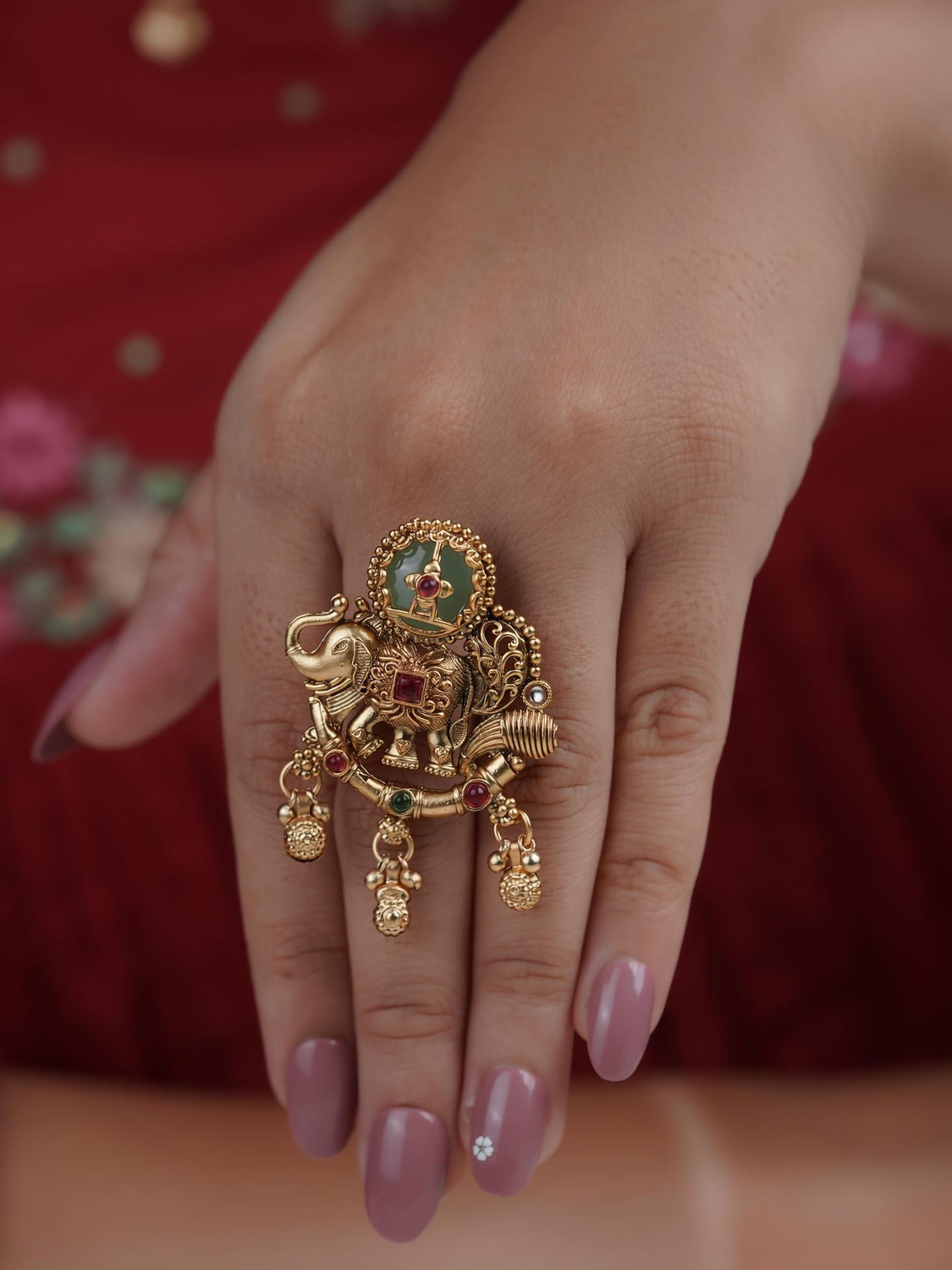 Image of JUERI Elephant Design Gold Plated Heritage Ring For Women| Traditional Finger Ring For Brass Gold Plated Ring