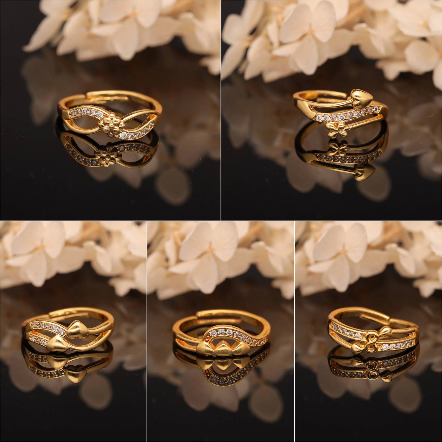 ANOUK Gold-Plated Combo Set of Stylish Adjustable Rings Brass Diamond Gold Plated Ring Set