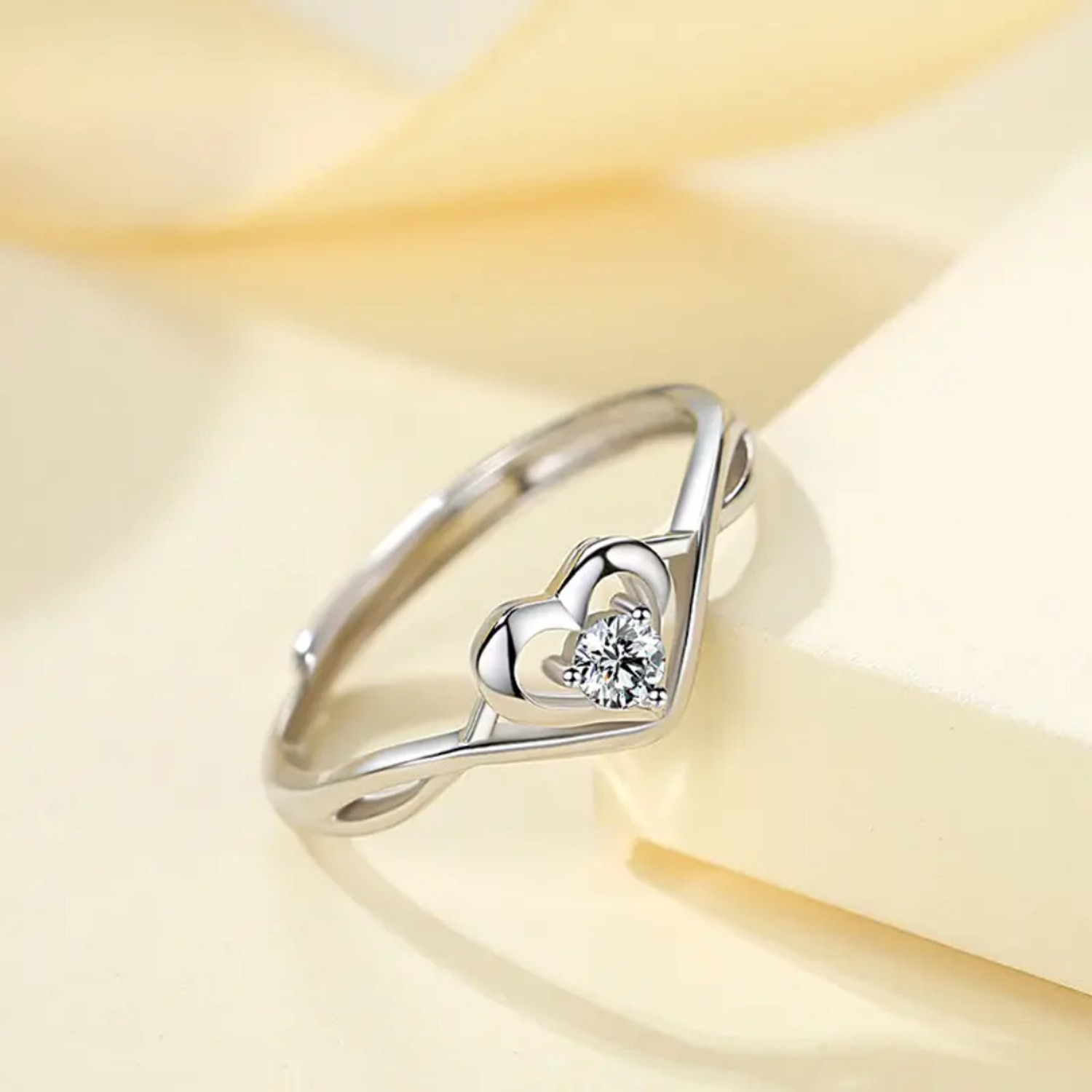 Image of Devora Beautiful Heart Zircon Silver Adjustable Ring For Women & Girls Valentine ring Stainless Steel Zircon Sterling Silver Plated Ring