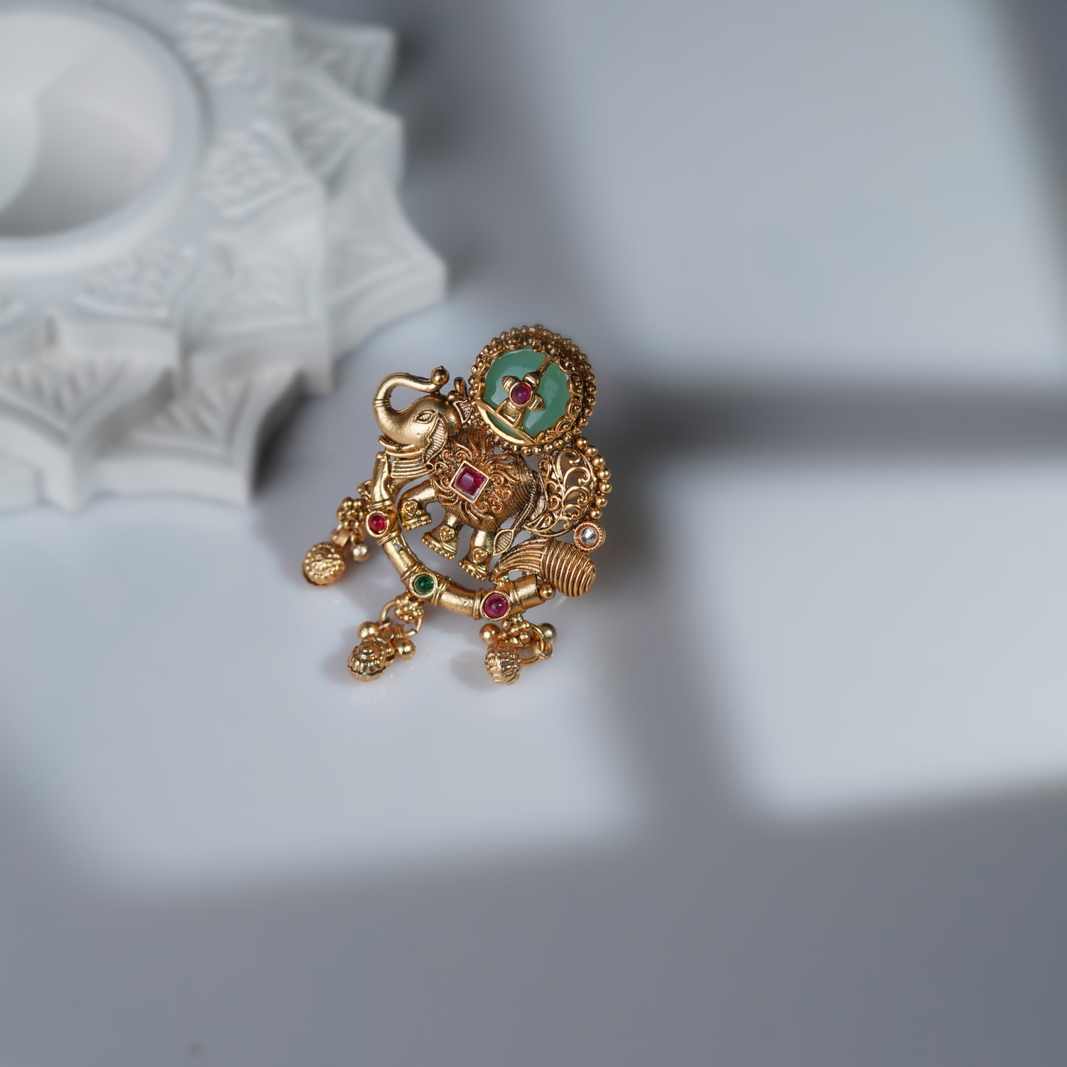 Image of JUERI Elephant Design Gold Plated Heritage Ring For Women| Traditional Finger Ring For Brass Gold Plated Ring