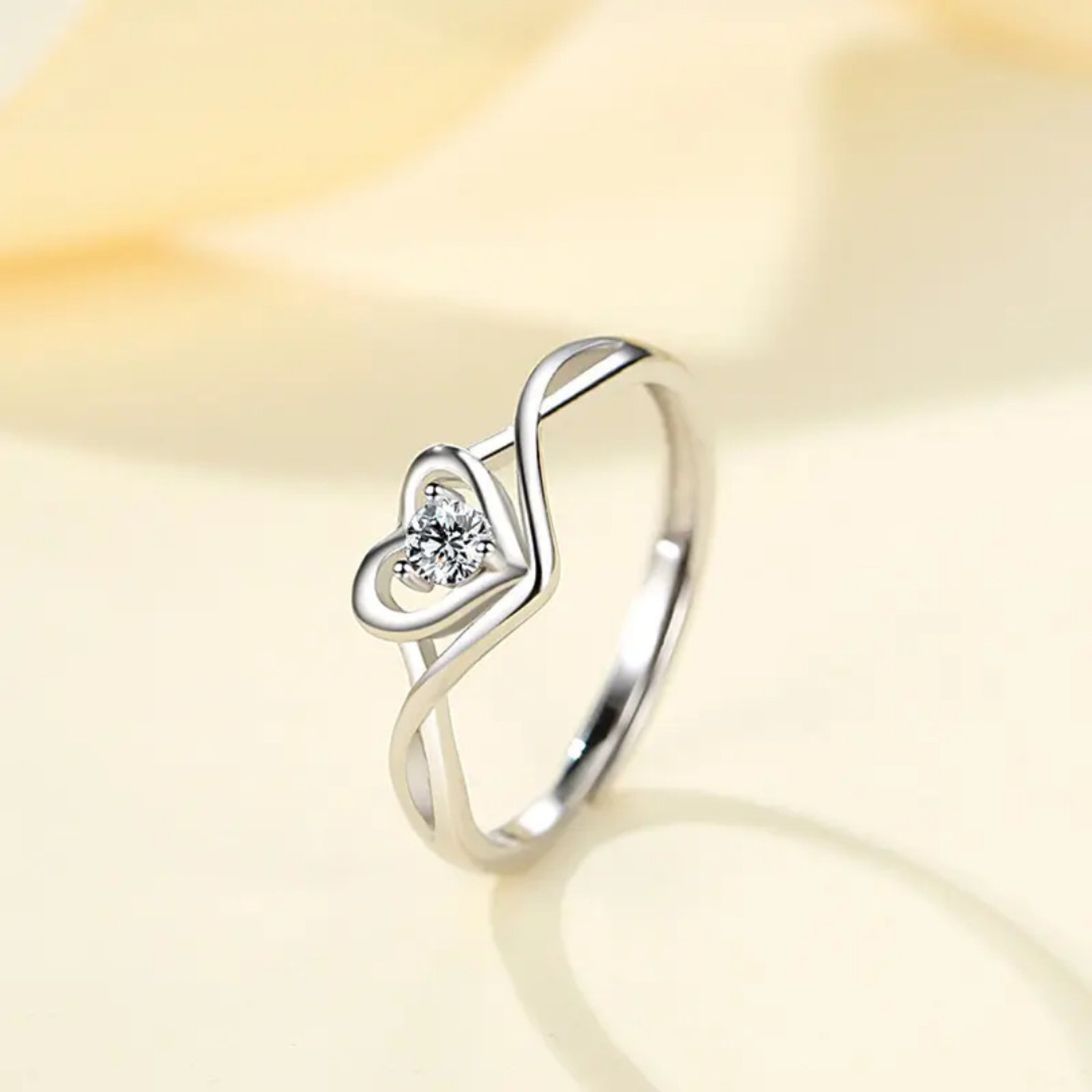 Image of Devora Beautiful Heart Zircon Silver Adjustable Ring For Women & Girls Valentine ring Stainless Steel Zircon Sterling Silver Plated Ring