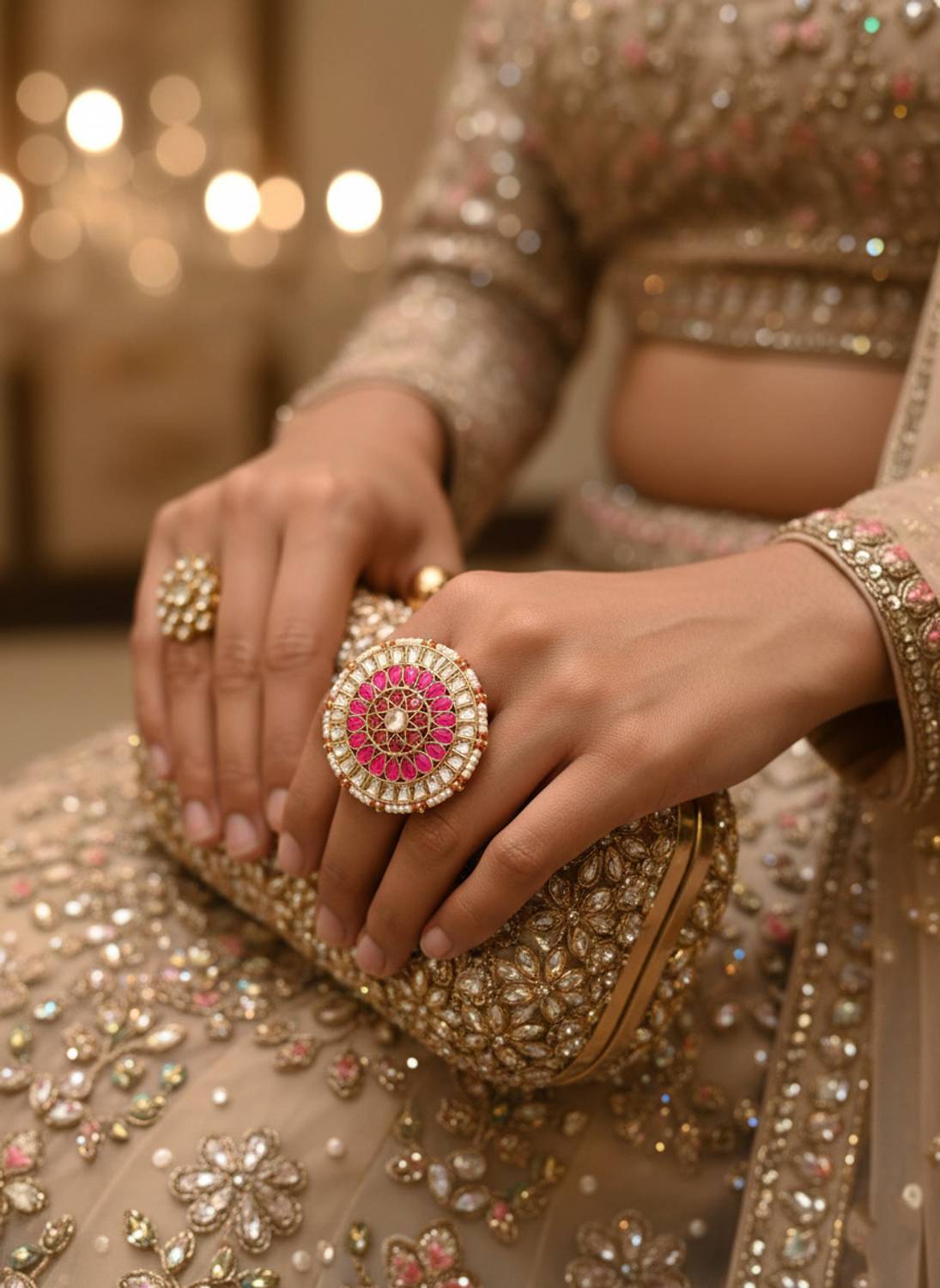 ASAYATI Premium Pink & White Stone Kundan Adjustable Statement & Cocktail Ring Brass Ruby, Pearl, Cubic Zirconia Gold Plated Ring
