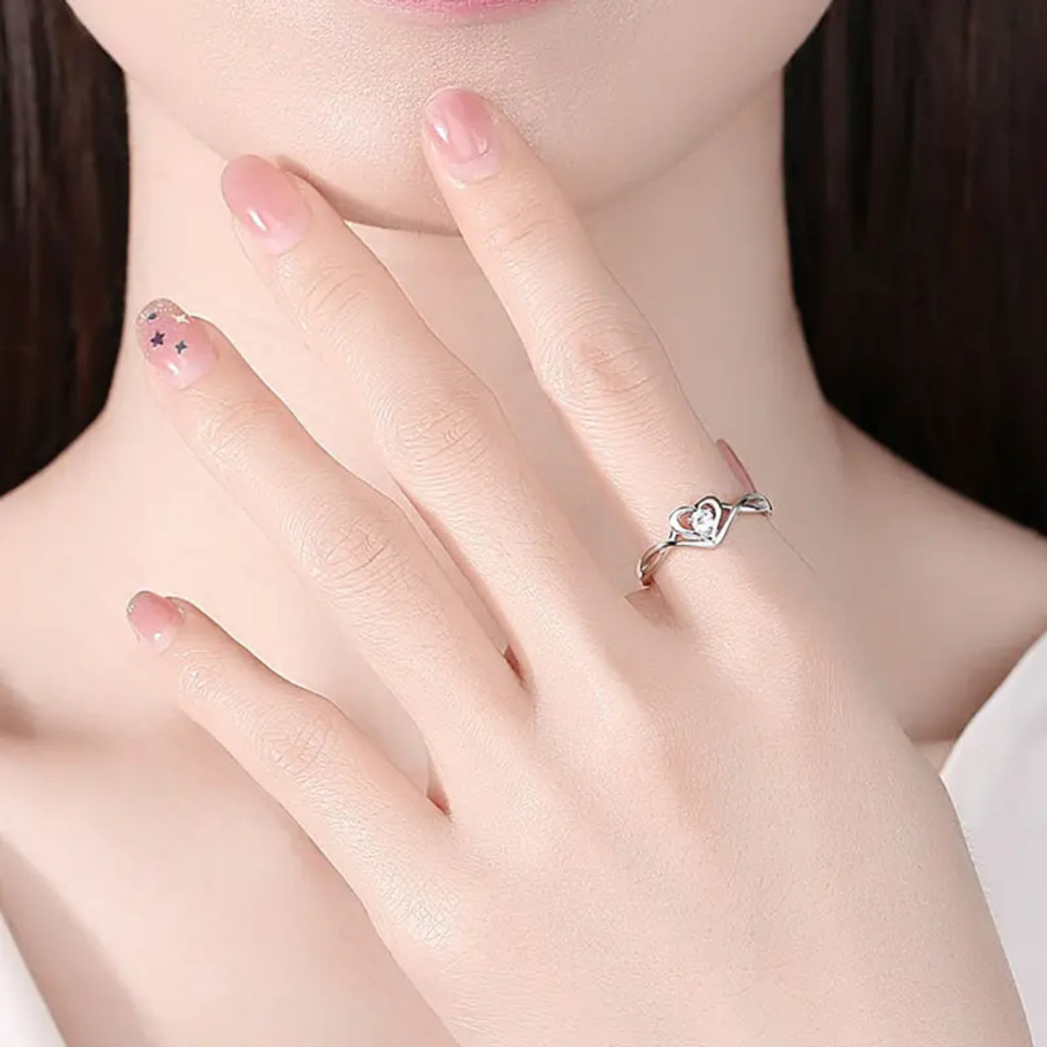 Image of Devora Beautiful Heart Zircon Silver Adjustable Ring For Women & Girls Valentine ring Stainless Steel Zircon Sterling Silver Plated Ring