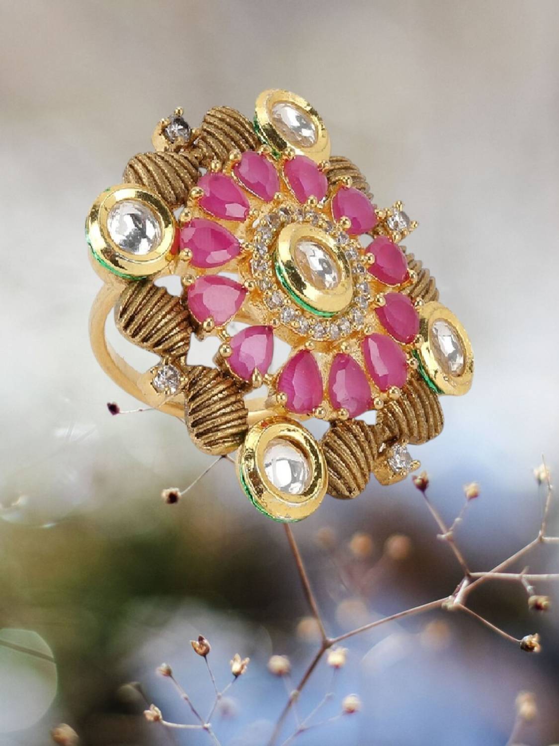 BHANA FASHION American Diamond With Kundan Studded Meenakari Adjustable Cocktail Ring Alloy Gold Plated Ring