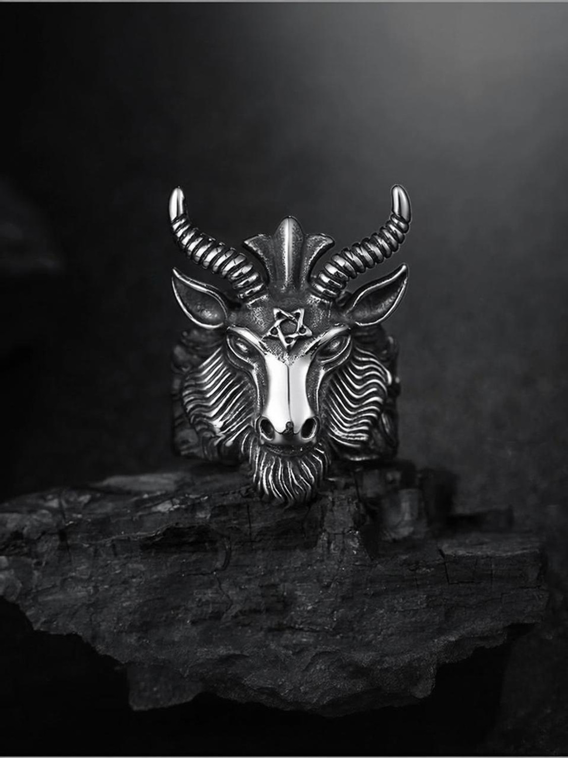 Image of Syfer Devil, Lucifer, Satanism Goat Goat Head Horn Biker Ring unisex Stainless Steel Silver Plated Ring