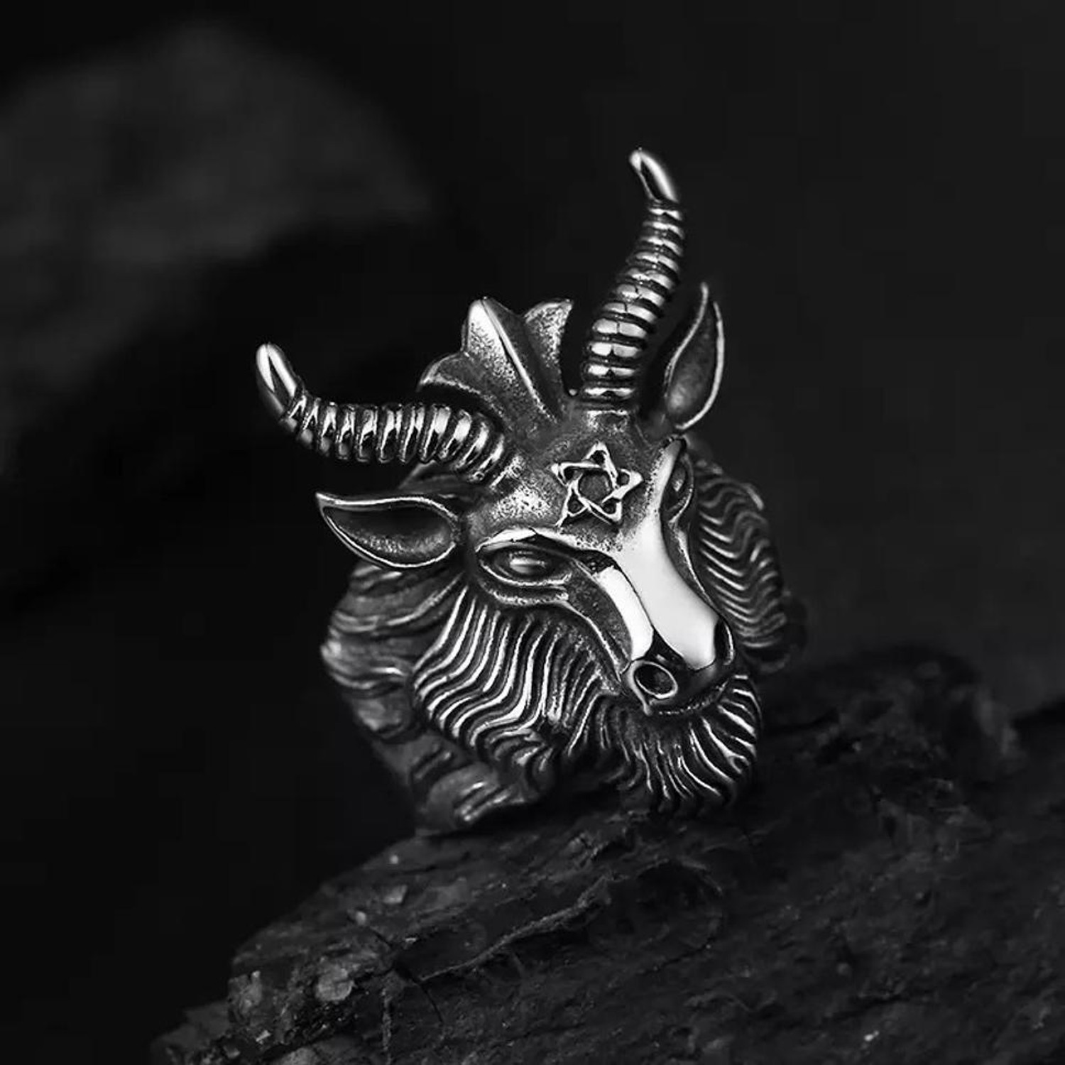 Image of Syfer Devil, Lucifer, Satanism Goat Goat Head Horn Biker Ring unisex Stainless Steel Silver Plated Ring