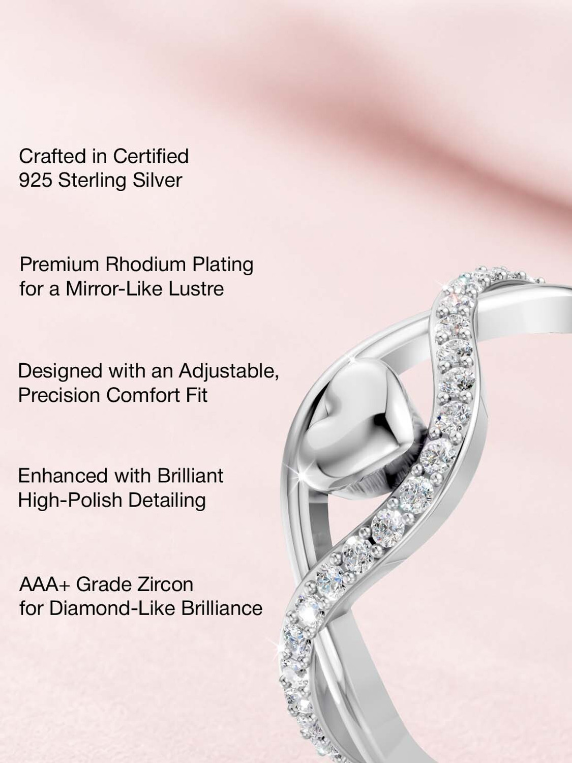 Image of Miss Highness 925 Pure Silver Heart Twist Zircon Ring for Women, Adjustable Size, Gift for Her Sterling Silver Cubic Zirconia Rhodium Plated Ring