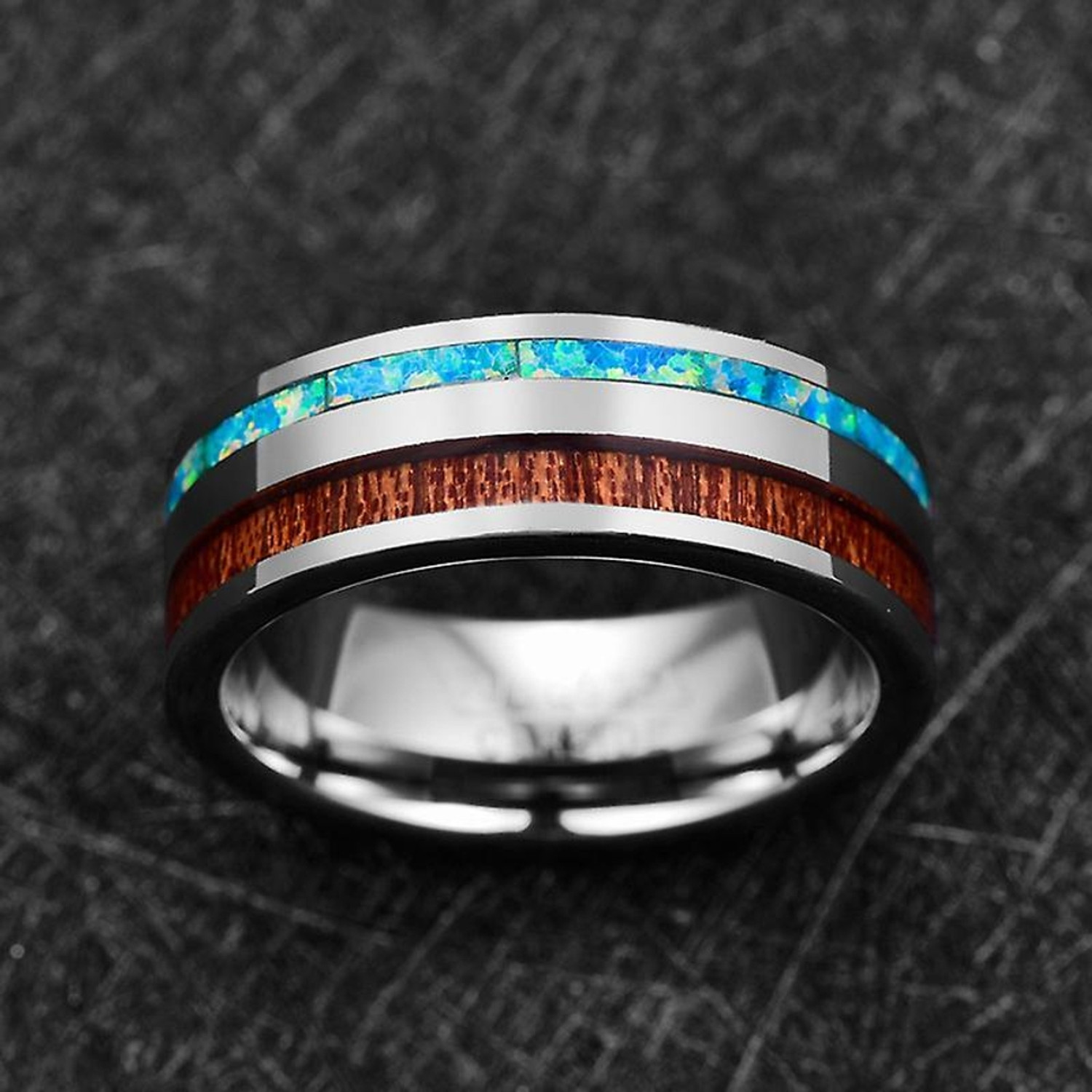 Image of KRYSTALZ Mens Tungsten Carbide Silver Opal Wood Inlay Band Ring Tungsten Sterling Silver Plated Ring