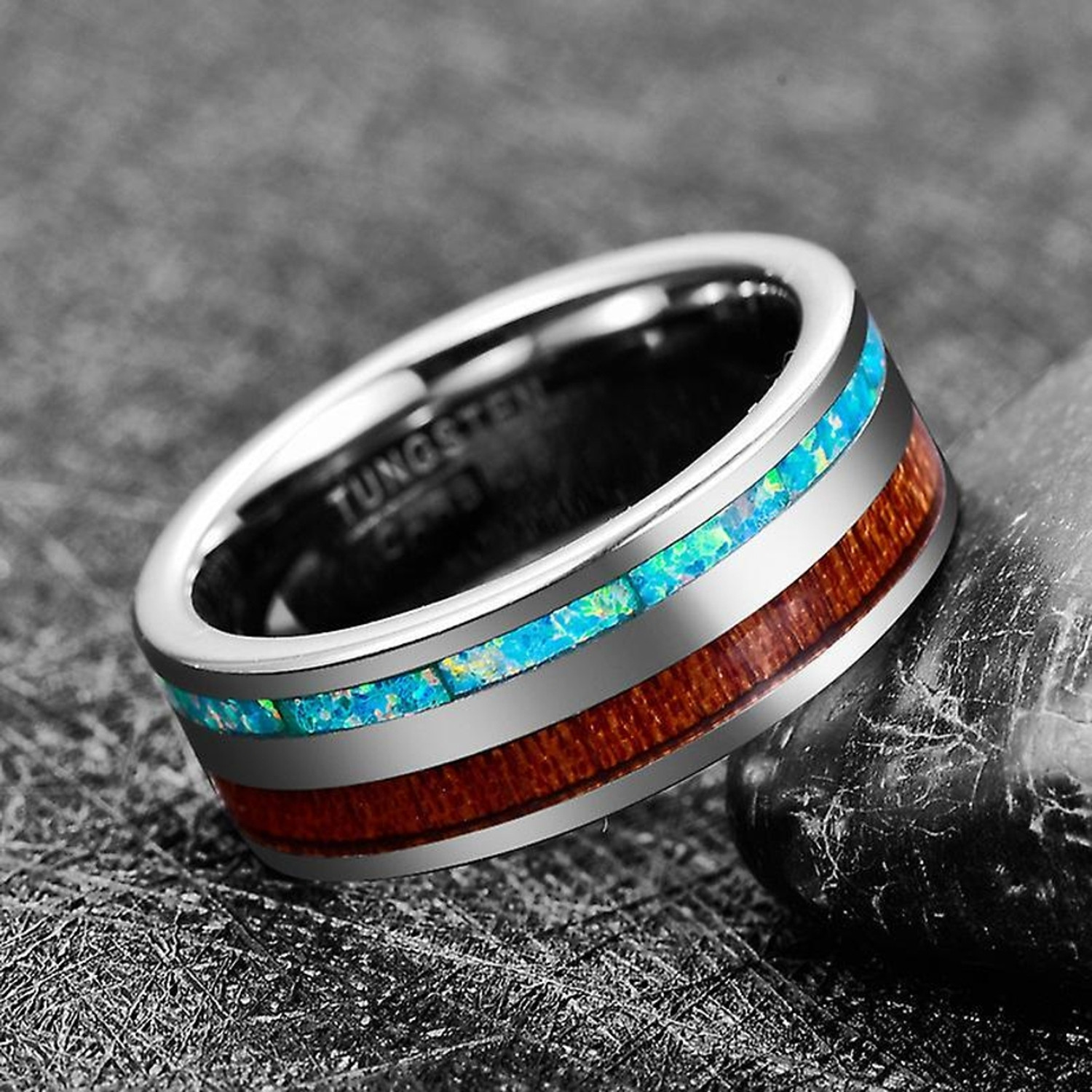 Image of KRYSTALZ Mens Tungsten Carbide Silver Opal Wood Inlay Band Ring Tungsten Sterling Silver Plated Ring