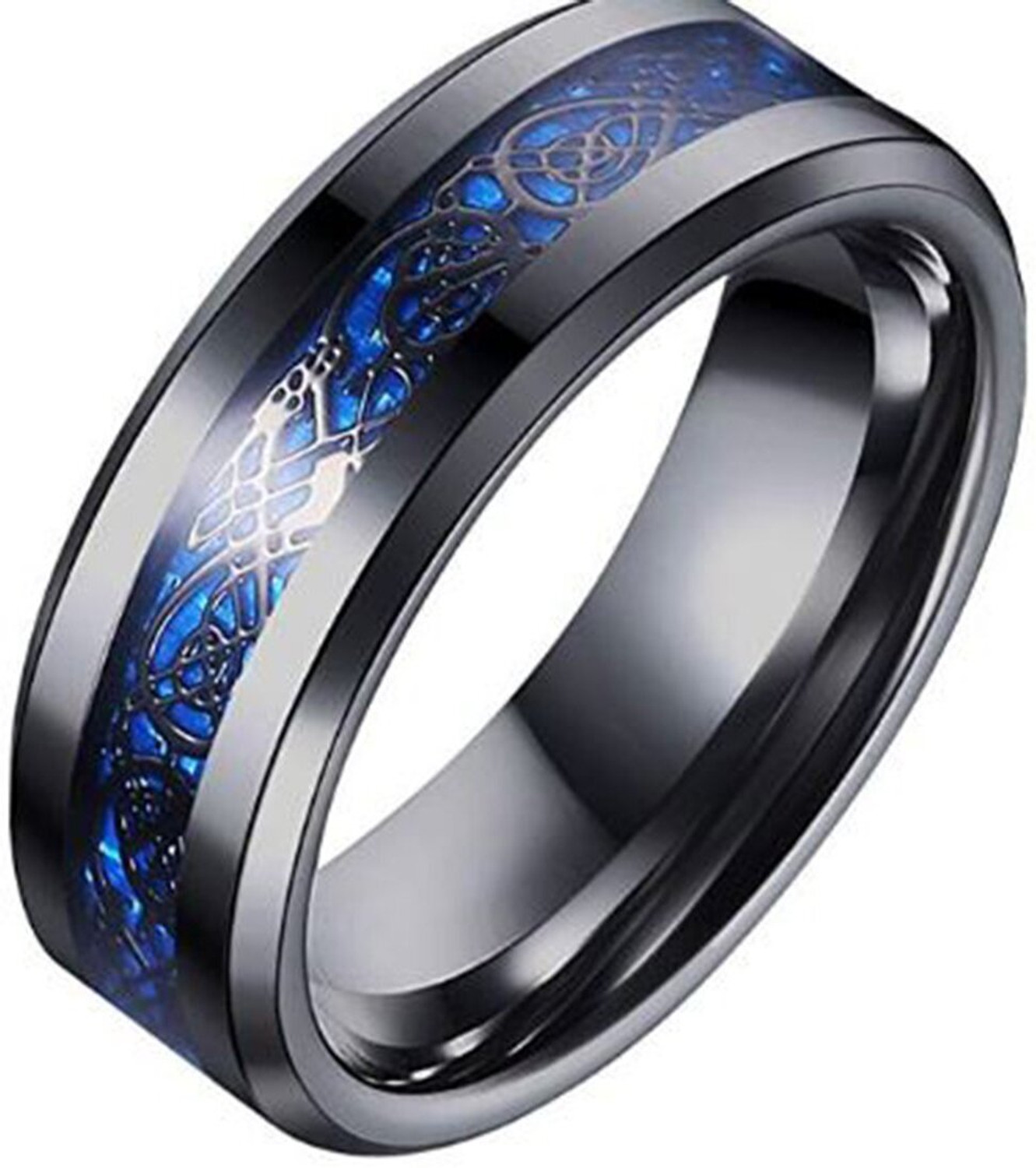 Image of ROOTWAVE Black Tungsten Carbide Silvering Celtic Dragon Blue Carbon Fibre Ring Stainless Steel Titanium Plated Ring