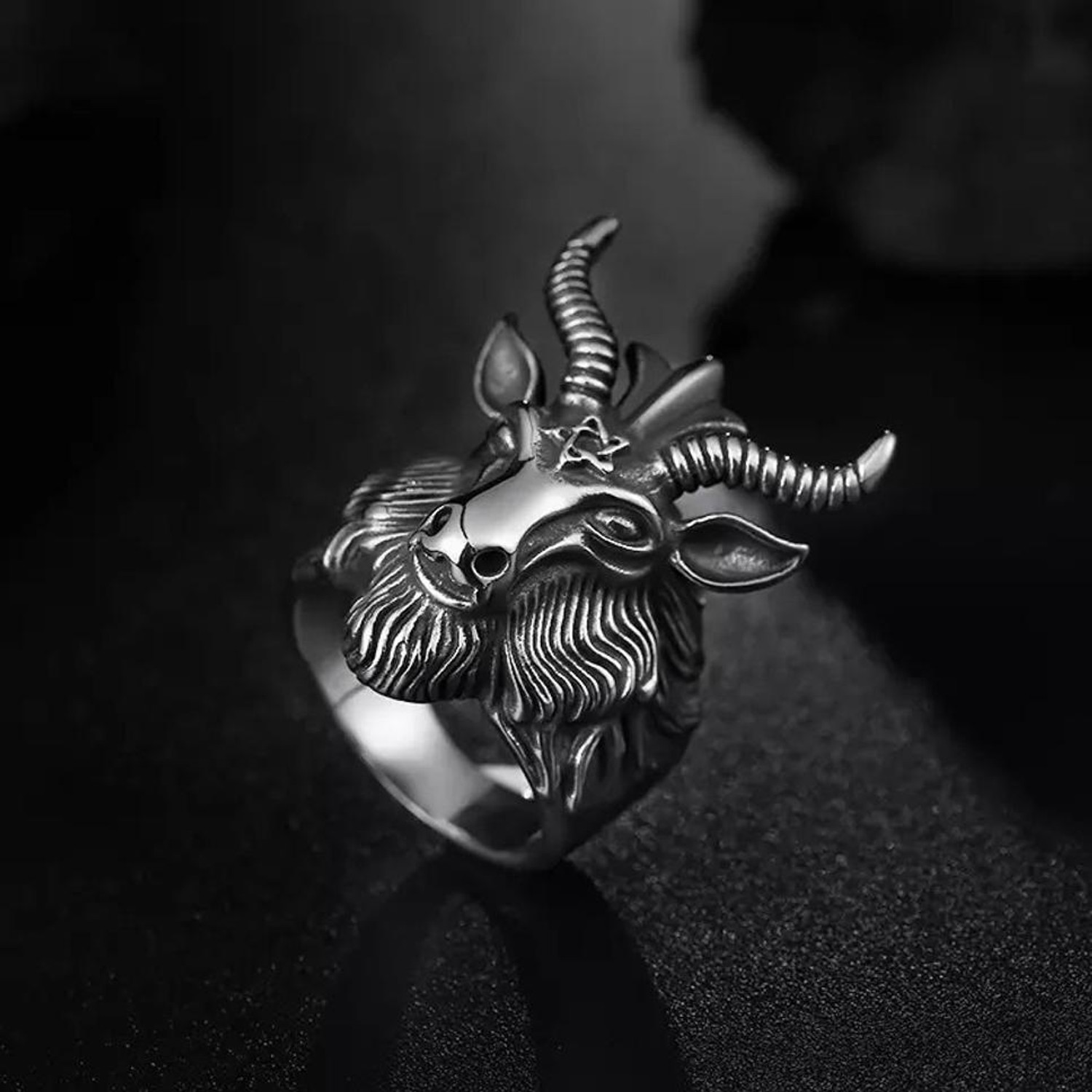 Image of Syfer Devil, Lucifer, Satanism Goat Goat Head Horn Biker Ring unisex Stainless Steel Silver Plated Ring