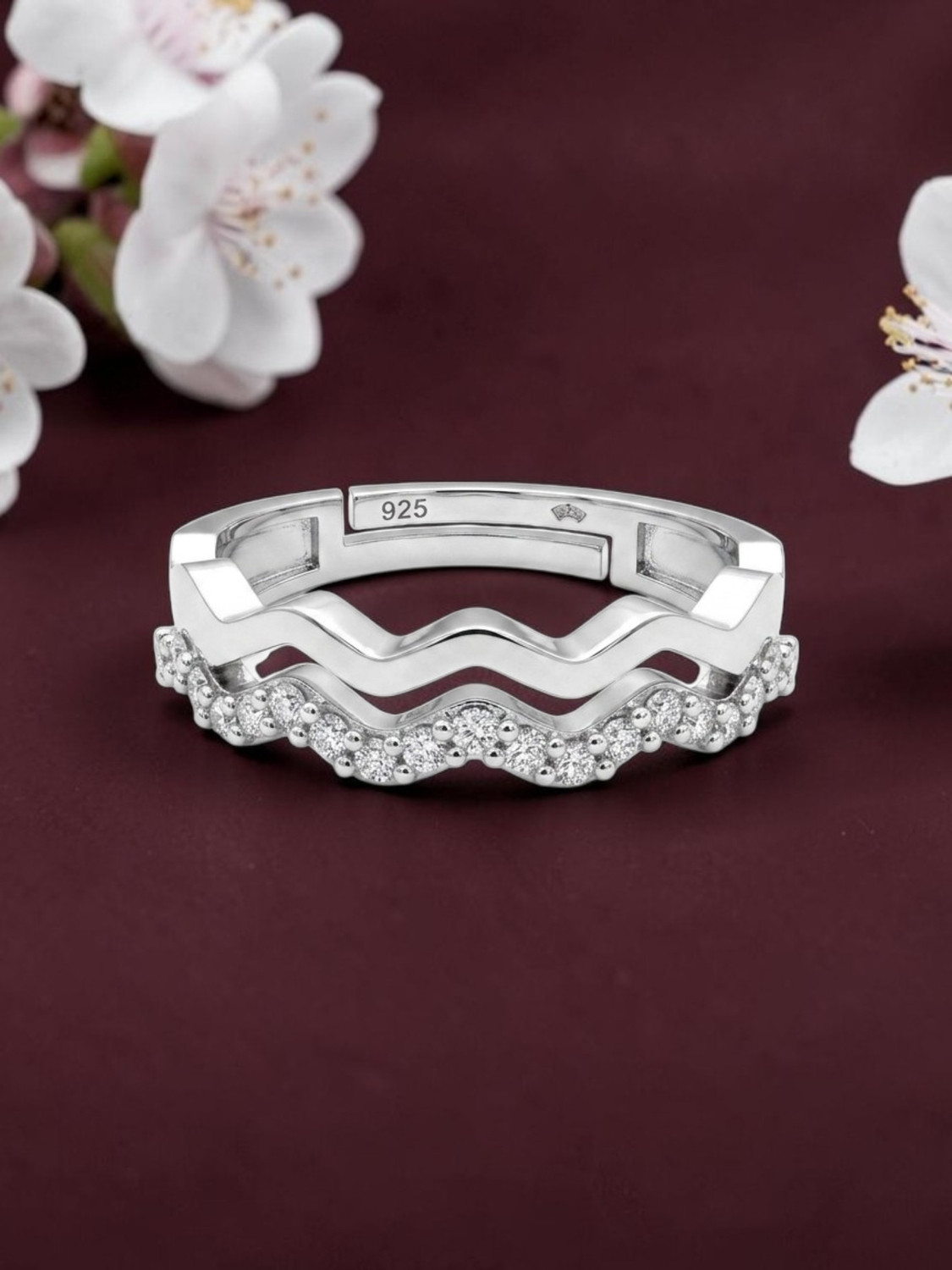 Image of SH24K Pure 925 Silver Ring for Woman | Adjustable Band Silver Ring for Girls | Sterling Silver Cubic Zirconia Rhodium Plated Ring
