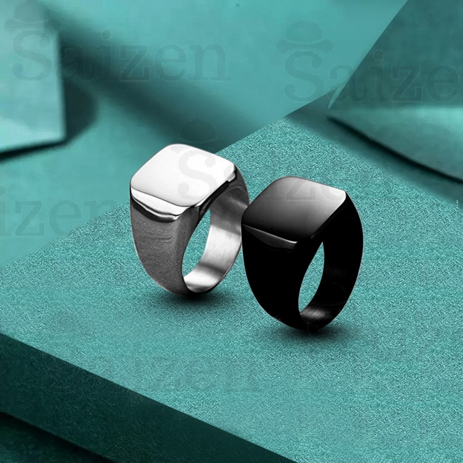 Image of Gift Nest Black And Silver Square Width Vintage pack of 2 Ring combo set for men and boys Stainless Steel Black Silver Plated Ring Set