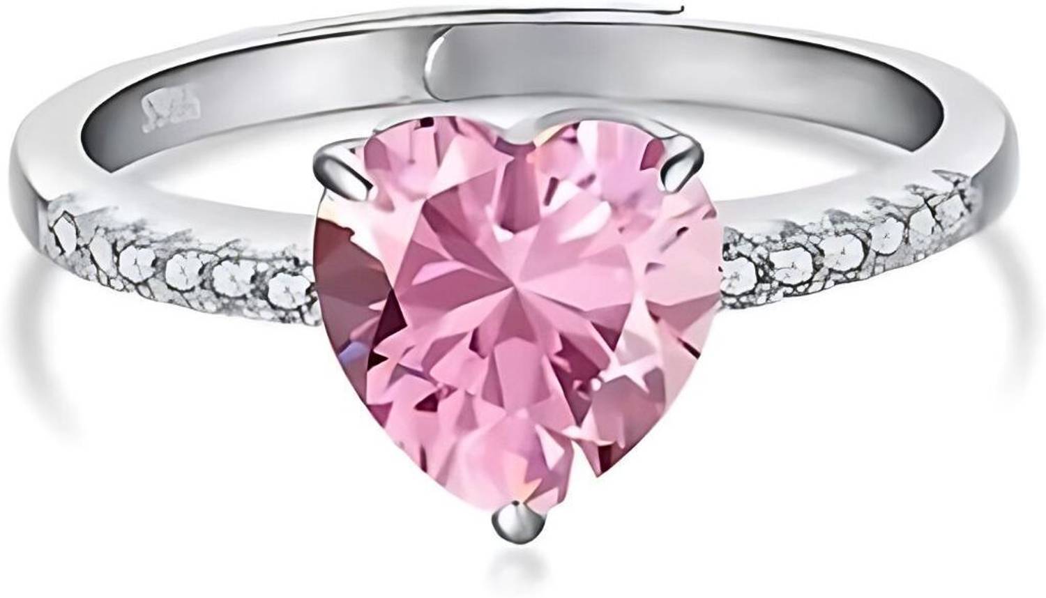 BRD jewelry 925 Silver Pink Heart Adjustable Sterling Silver Ring For Women and Girls Sterling Silver Cubic Zirconia Rhodium Plated Ring