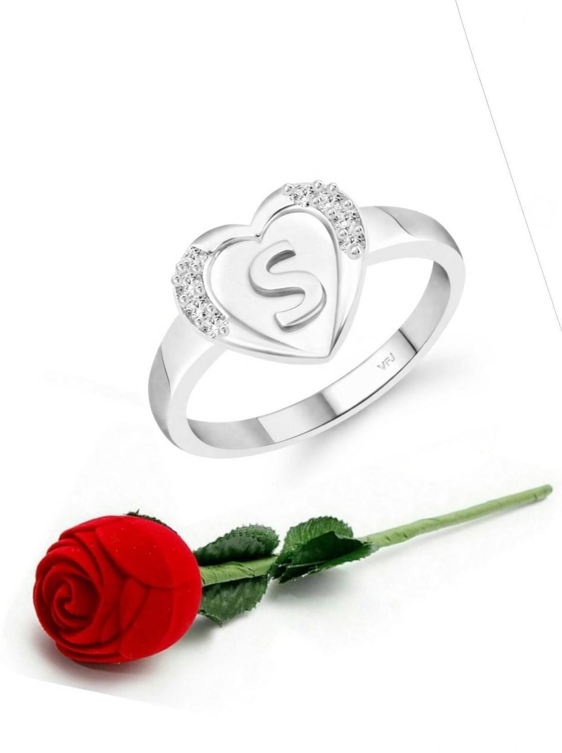 VIGHNAHARTA Vighnaharta cz alloy Rhodium plated Valentine collection Initial '' S '' Letter in heart ring alphabet collection with Scented Velvet Rose Ring Box for women and girls and your Valentine. Alloy Cubic Zirconia Rhodium Plated Ring - Image 1