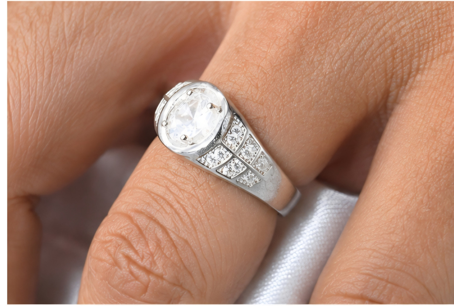Image of shivam jewellers 925 Sterling Silver Oval CZ Stone Ring for Men | Premium Silver Finish Sterling Silver Cubic Zirconia Ring