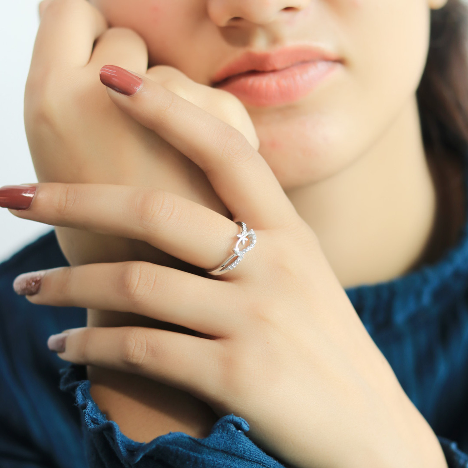 Image of Zarkan Zarkan 925 Hallmark The Butterfly Flow Silver Adjustable Ring Sterling Silver Cubic Zirconia Rhodium Plated Ring