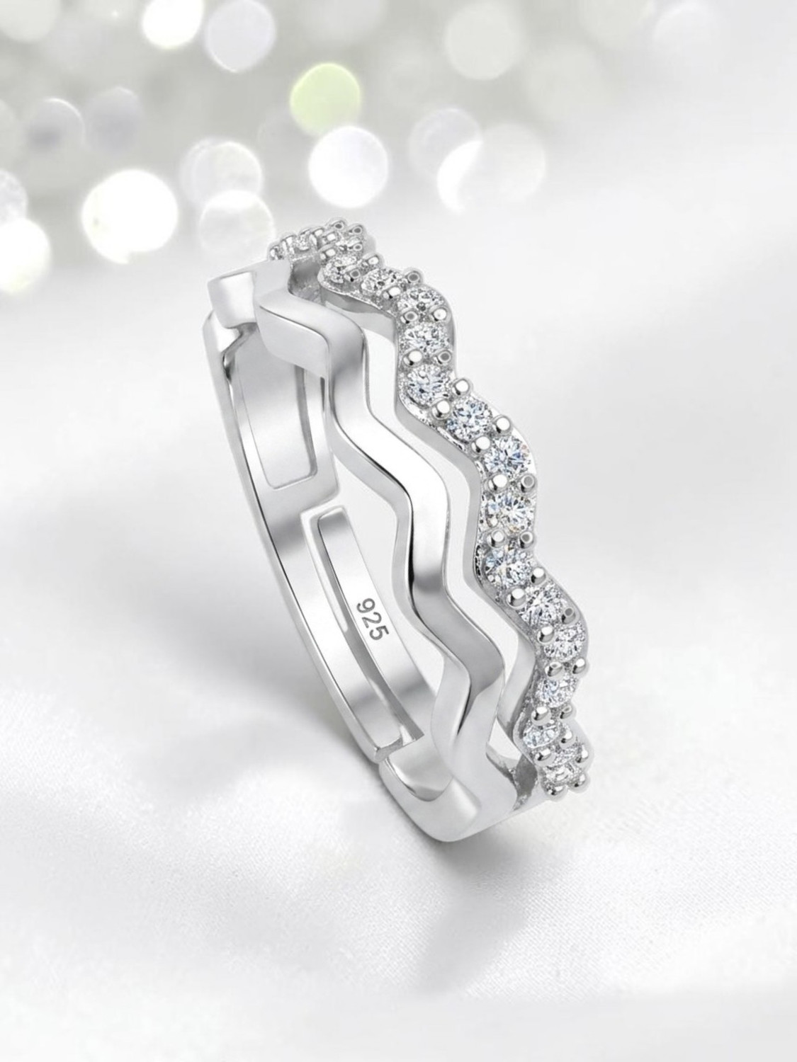 Image of SH24K Pure 925 Silver Ring for Woman | Adjustable Band Silver Ring for Girls | Sterling Silver Cubic Zirconia Rhodium Plated Ring