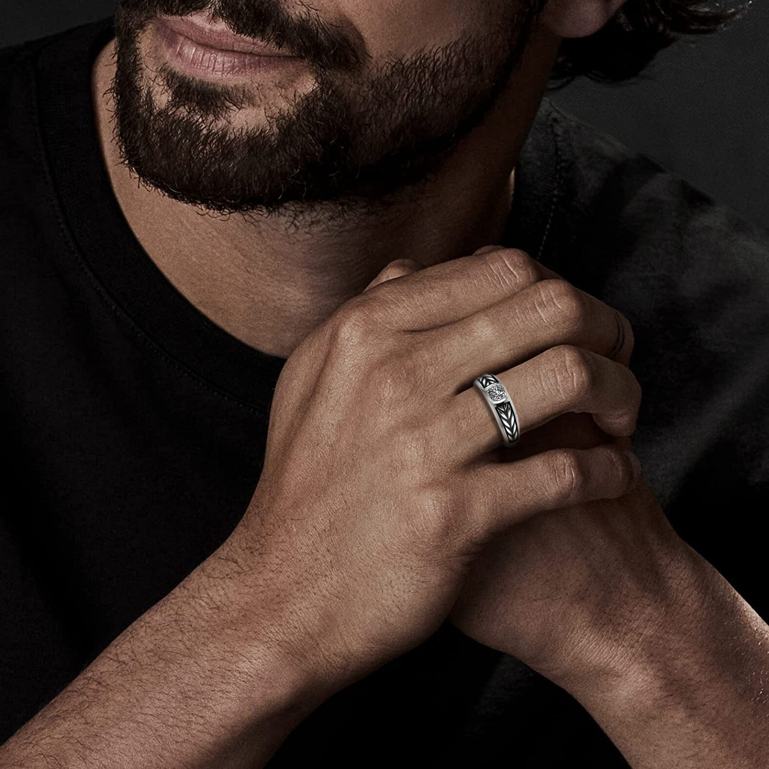 Image of Vitra Jewellery White American Diamond Ring, Pure Silver 925 Adjustable Band Ring For Men /Boys Silver Zircon Rhodium Plated Ring