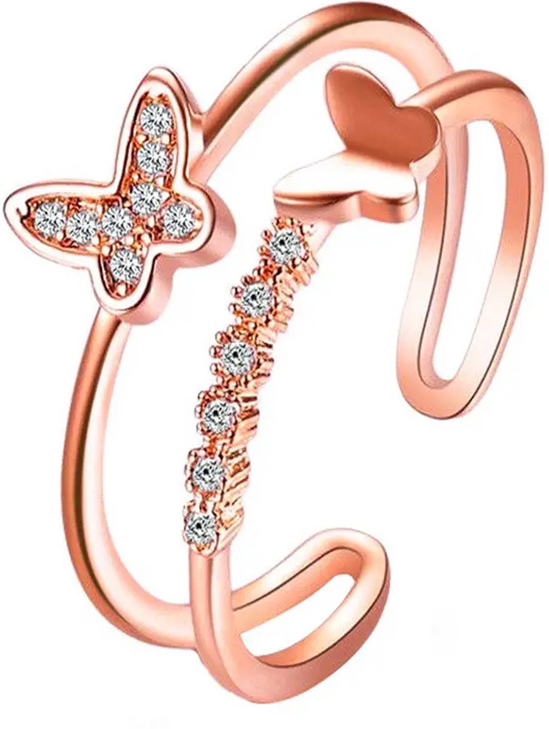 Aarohi Jewells Double Rose gold Engagement ring diamond adjustable rings for women. Alloy Crystal Gold Plated Nail Ring