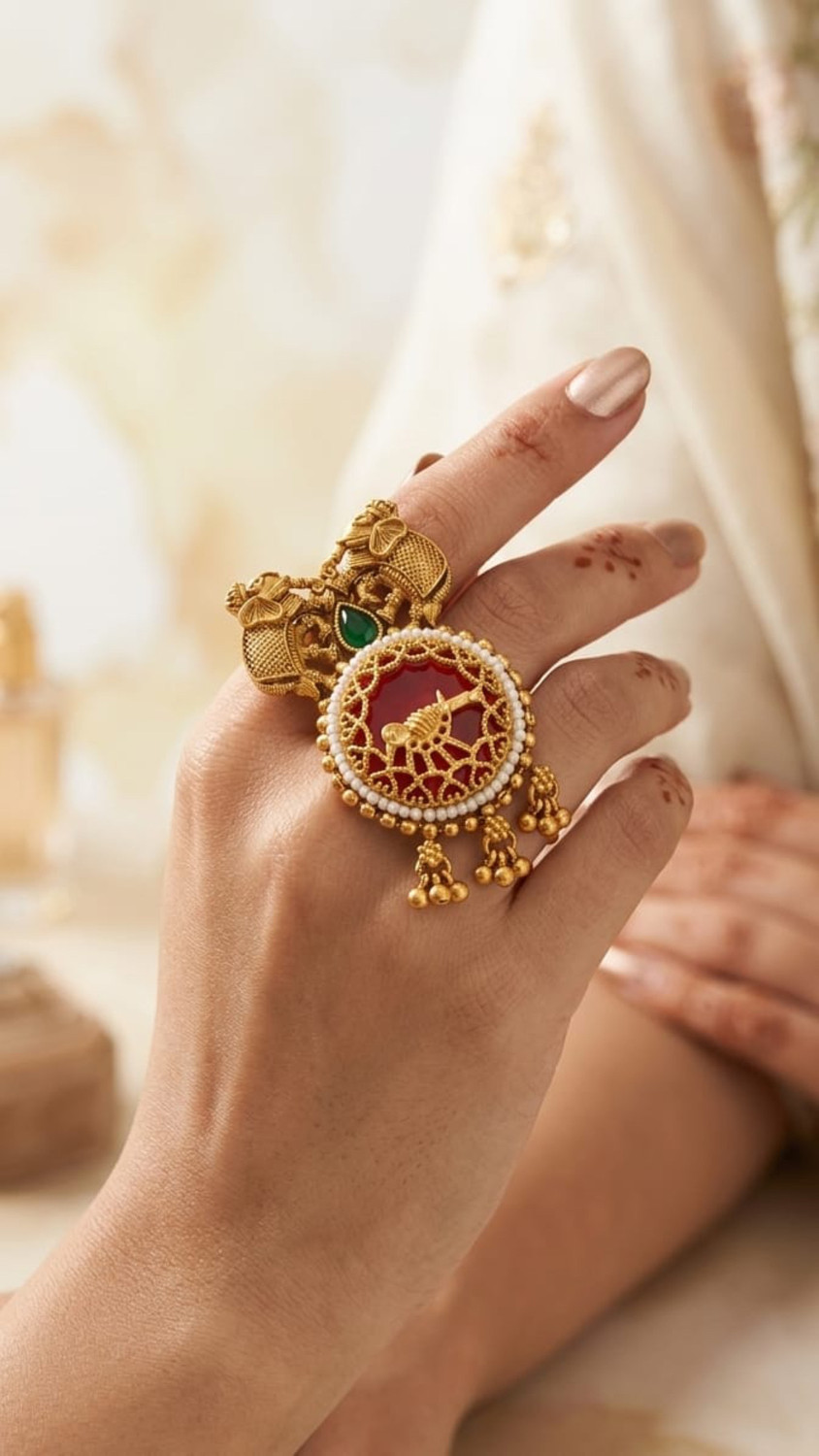 Image of Rajasthani shringar Women's Copper Elephant Design Red Stone Kashmiri ring Copper Gold Plated Ring