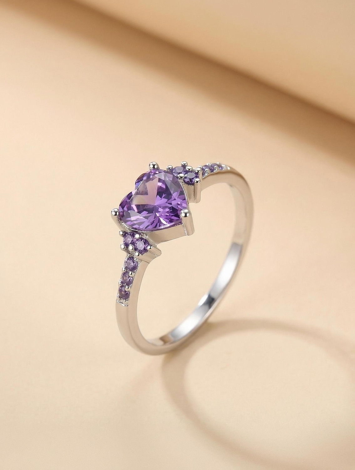 Image of MYKI Purple Heart Ring For Women & Girls Stainless Steel Cubic Zirconia Silver Plated Ring