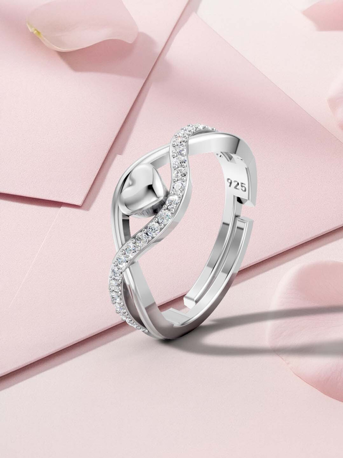 Image of Miss Highness 925 Pure Silver Heart Twist Zircon Ring for Women, Adjustable Size, Gift for Her Sterling Silver Cubic Zirconia Rhodium Plated Ring