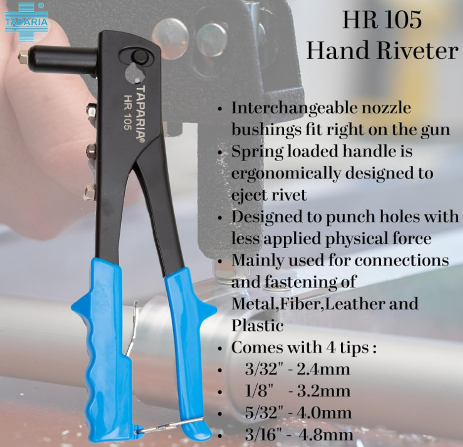 Image of taparia Hand Riveter Gun 10.5 inch (266mm) Manual Used for Aerospace Automotive Construction Heavy Duty Squeeze Rivet Gun