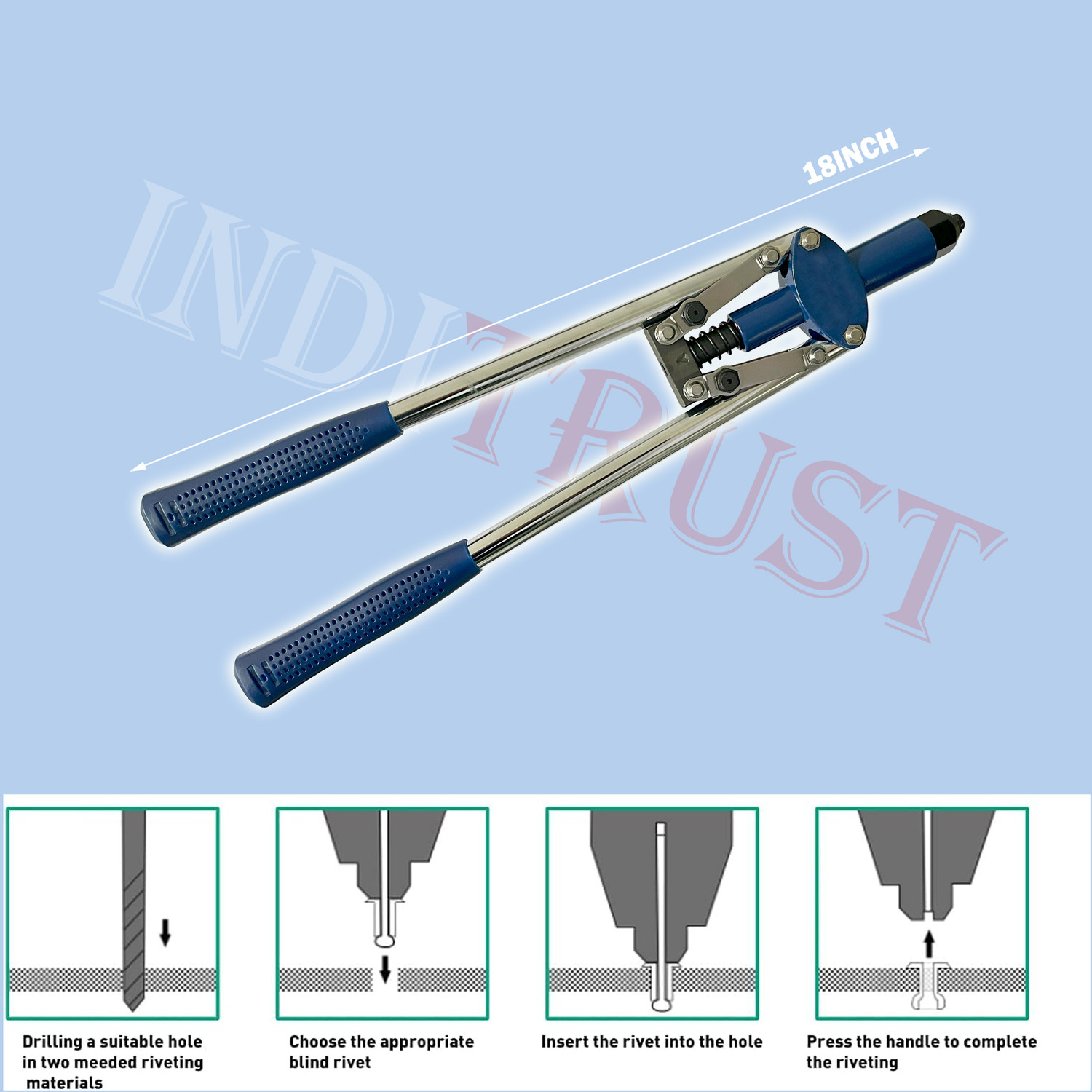 Image of Inditrust 18 inch Inch (450MM) Hand Riveter Gun, Riveting Tool with 30 rivets and gloves Heavy Duty Fast Hitting Rivet Gun