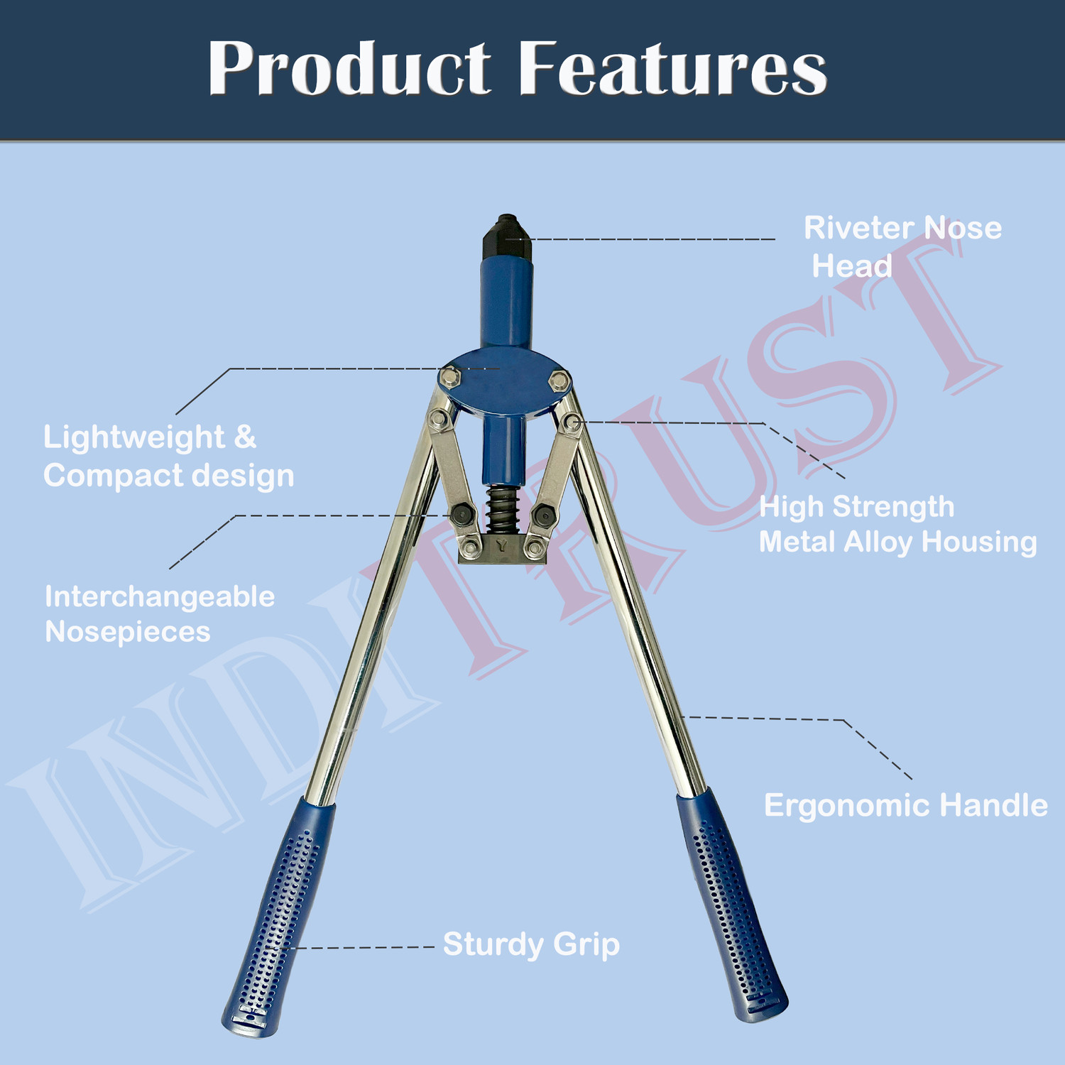 Image of Inditrust 18 inch Inch (450MM) Hand Riveter Gun, Riveting Tool with 30 rivets and gloves Heavy Duty Fast Hitting Rivet Gun