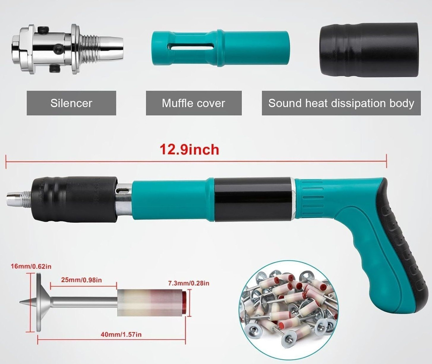 Image of REIOENT HEAVY Steel Nail Gun Tool 12 pcs Nails, Nail Wall Tool Hitting Rivet Gun Heavy Duty Fast Hitting Rivet Gun