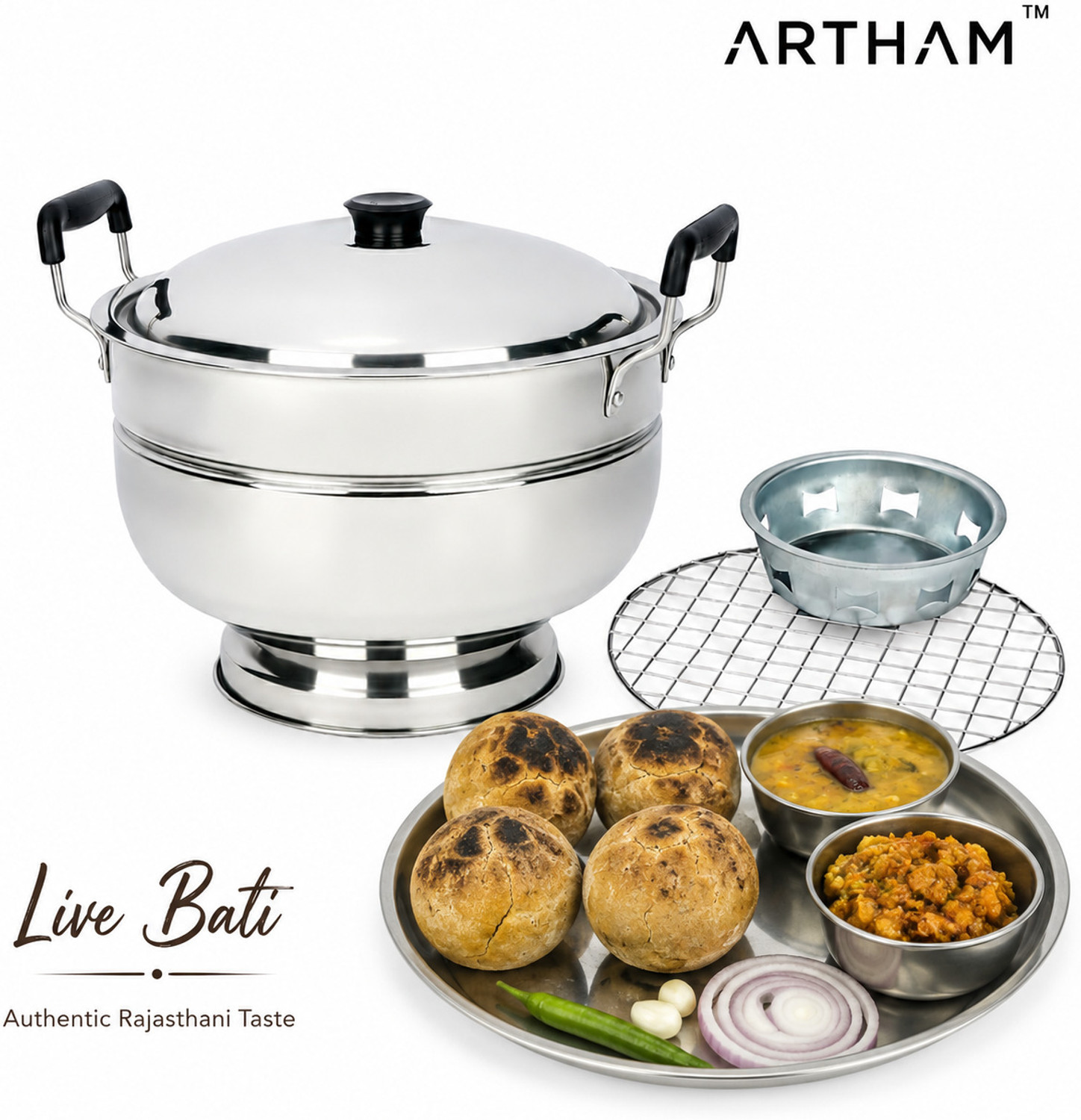 ARTHAM Stainless Steel Bati Cooker & Tandoor (Litti Maker) for Kitchen 2 kg Roaster