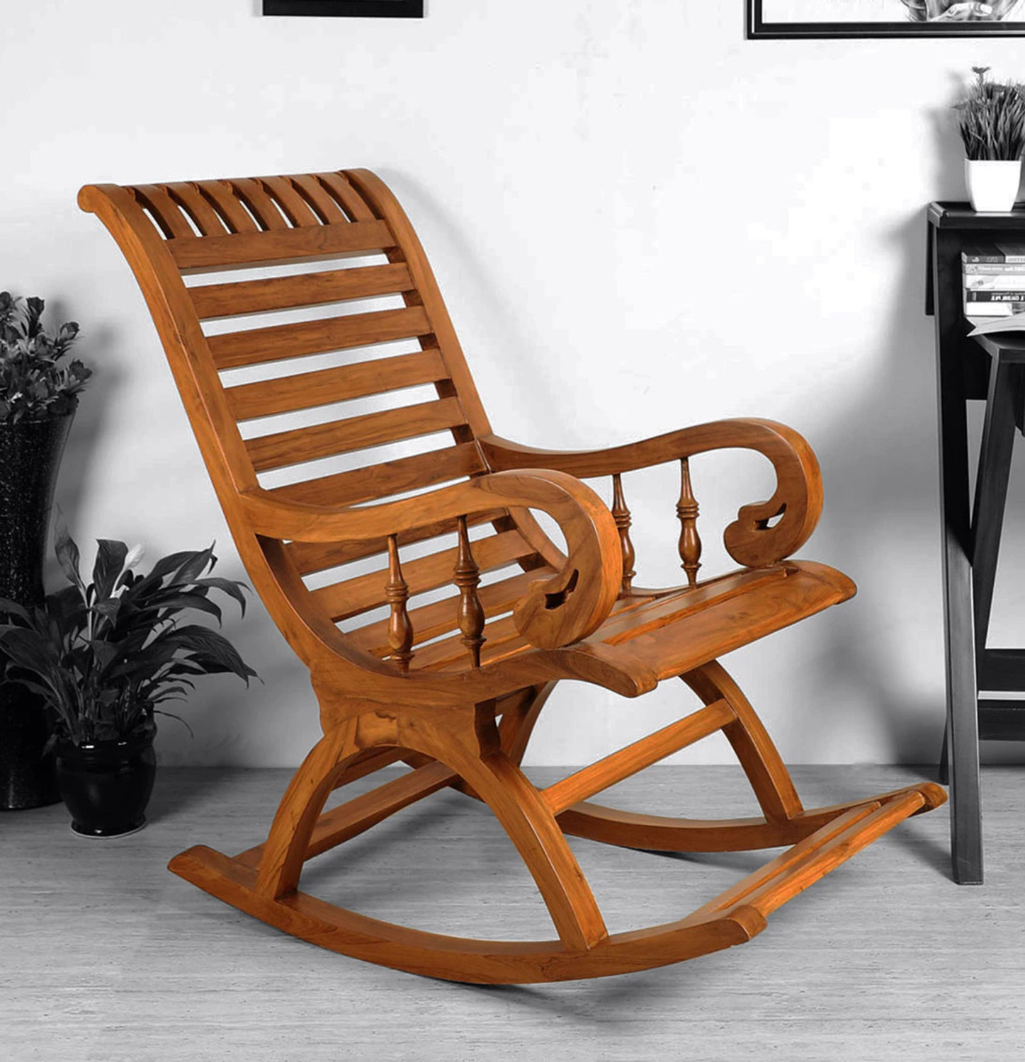 Image of Decorhand Teak Wood Rocking Chair For Living Room / Garden - Adults /Grand Parents Solid Wood 1 Seater Rocking Chairs