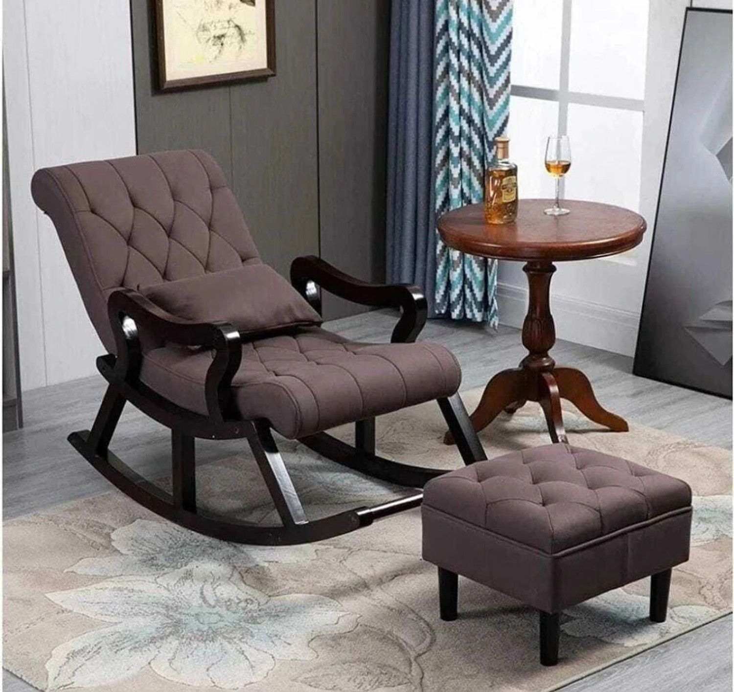 Image of wooden luxury Rocker Rocking Chair with footrest Recliner Relaxing 1 Seater Rocking Chairs Solid Wood 1 Seater Rocking Chairs