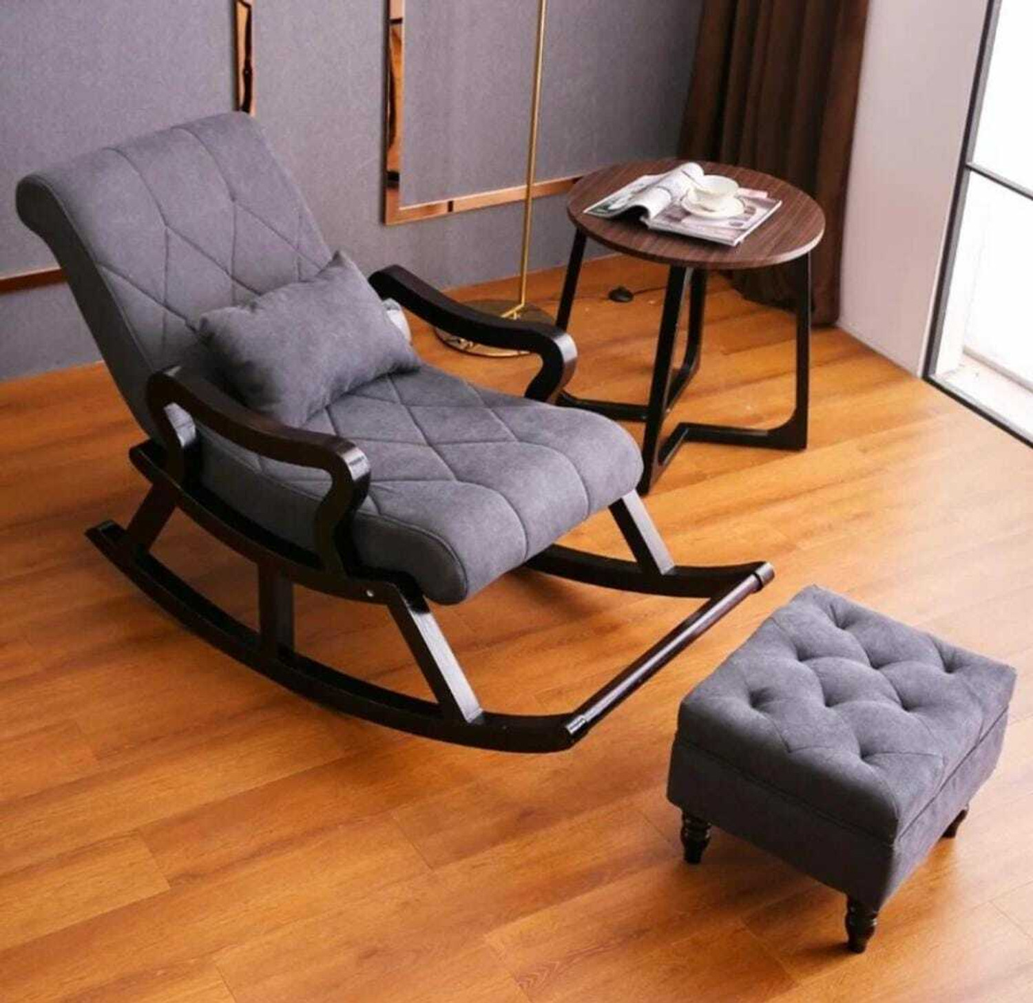 Image of wooden luxury Rocker Rocking Chair with footrest Recliner Relaxing 1 Seater Rocking Chairs Fabric 1 Seater Rocking Chairs