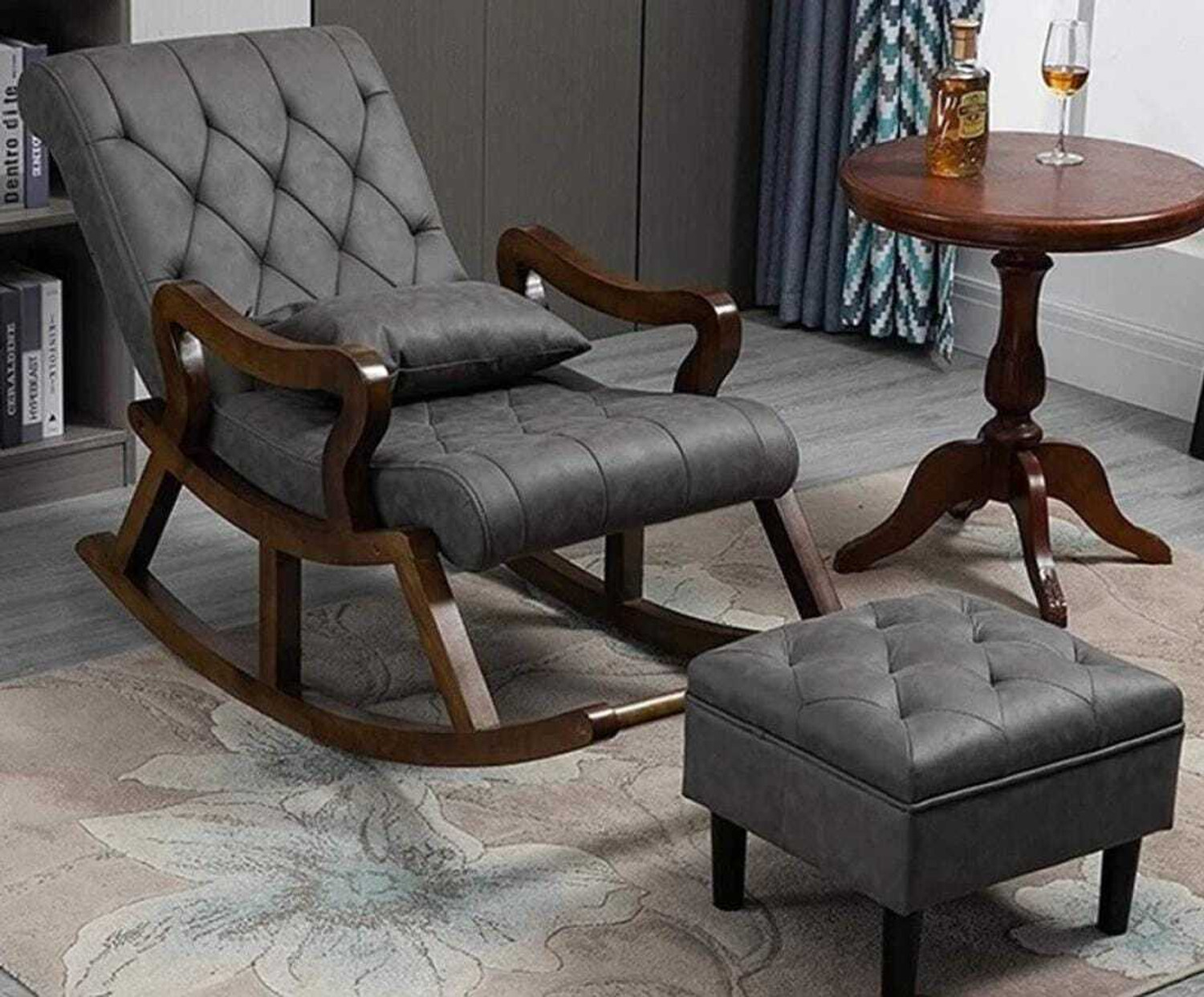 Image of Unique Creation Handicrafts Rocking Chair Recliner Relaxing Rocking Chair with Cushion Solid Wood 1 Seater Rocking Chairs