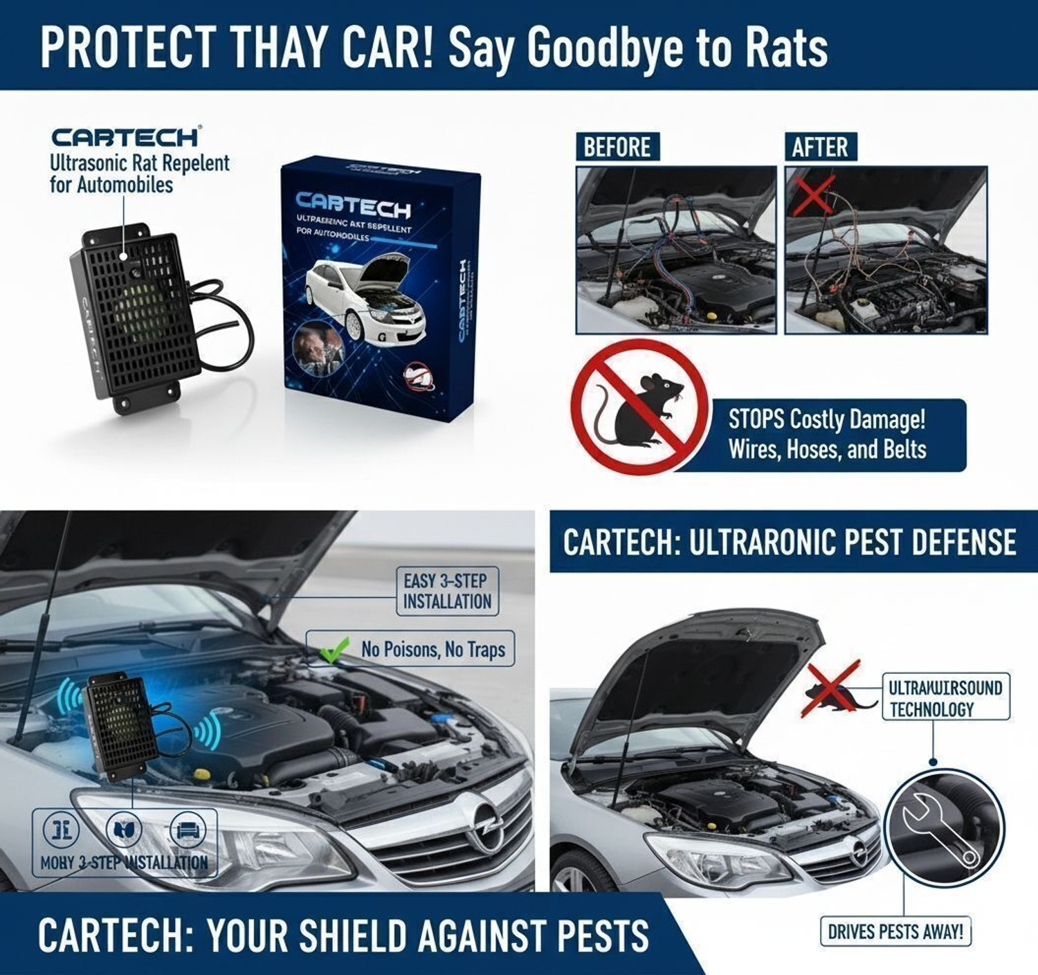 Image of Cabtech Ultrasound for Automobiles 7th Gen car Rat Ultrasonic Rodent Repellant