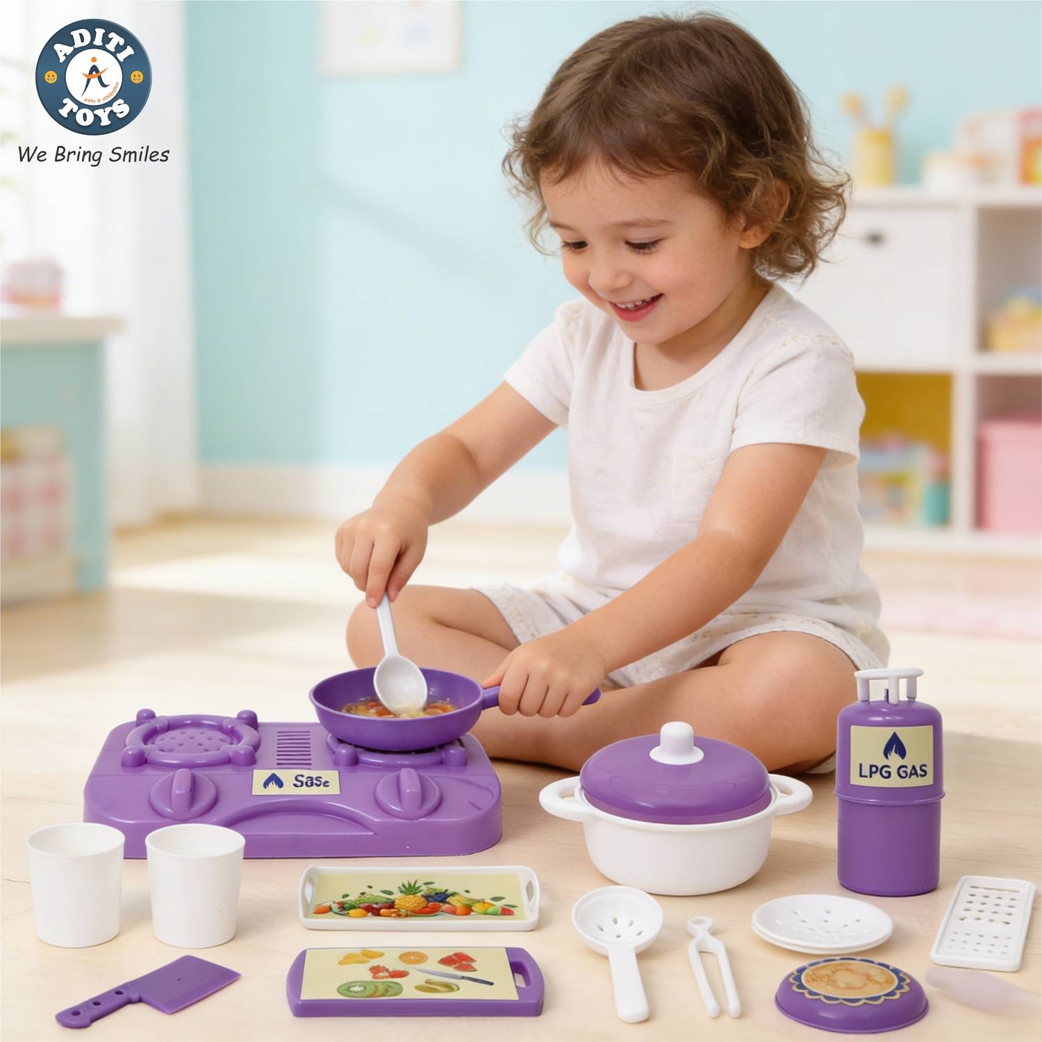 Aditi Toys Kitchen Fresh Cook Set Bag for Kids with Utensils & Gas Stove (Purple)